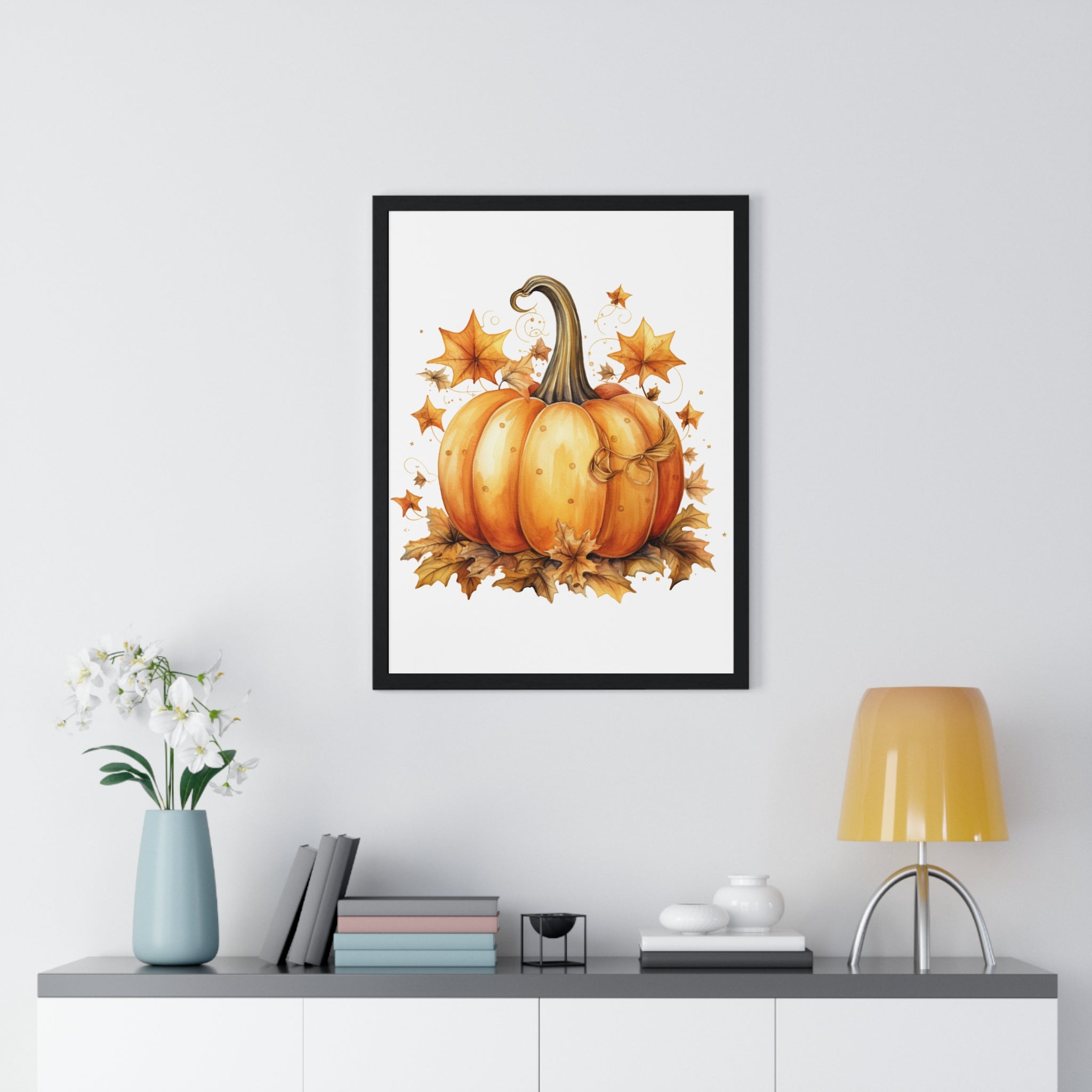 Decorative Autumn Pumpkin Wall Art – Bow-Tied Harvest Poster with Leaves & Swirls | Wooden Frame Fall Decor