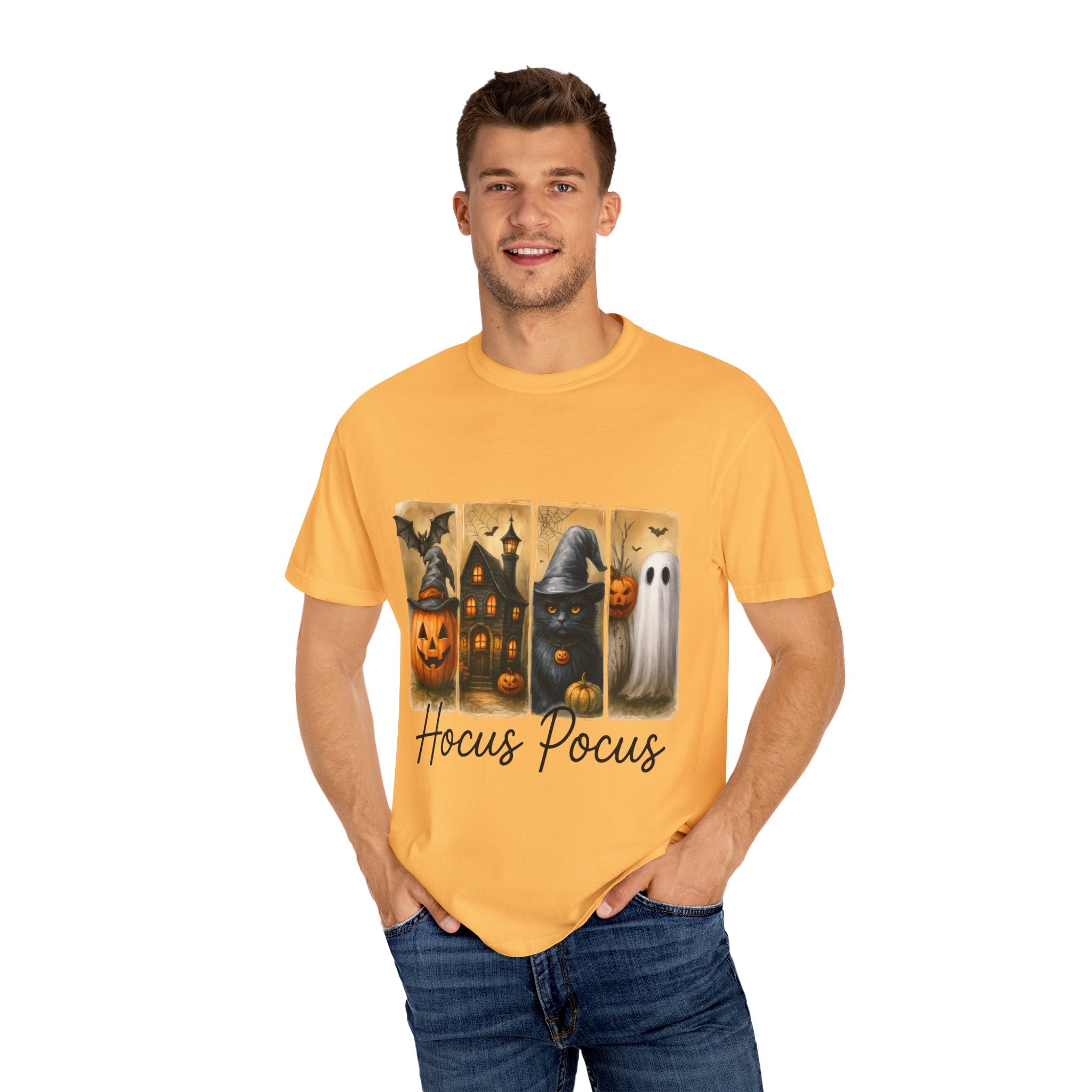 Hocus Pocus Halloween Unisex T-Shirt – Witchy Cat, Haunted House, Pumpkin & Ghost Art