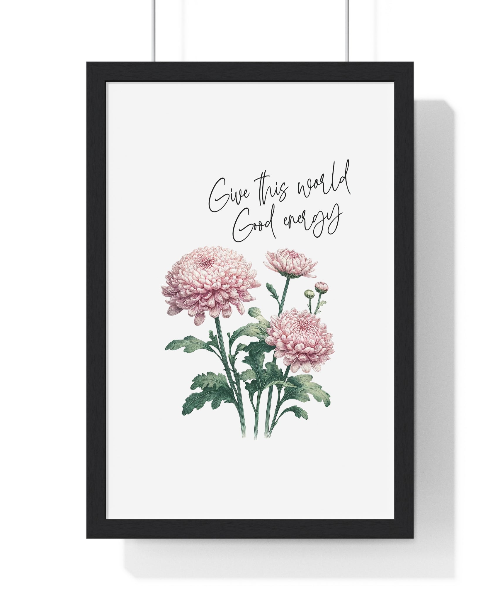 November Birth Month Flower Wall Art – Chrysanthemum Illustration with Inspirational Quote in Wooden Frame | Good Energy & Joy