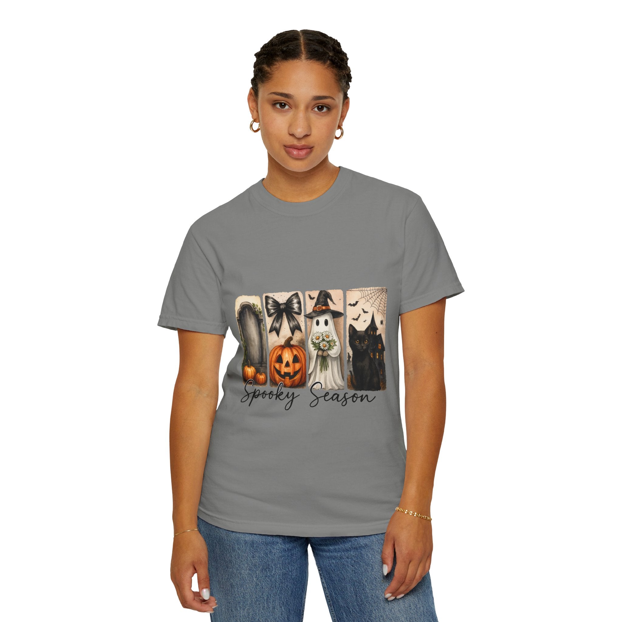 Spooky Season Unisex Halloween T-Shirt – Ghost, Black Cat, Pumpkin & Haunted House Art