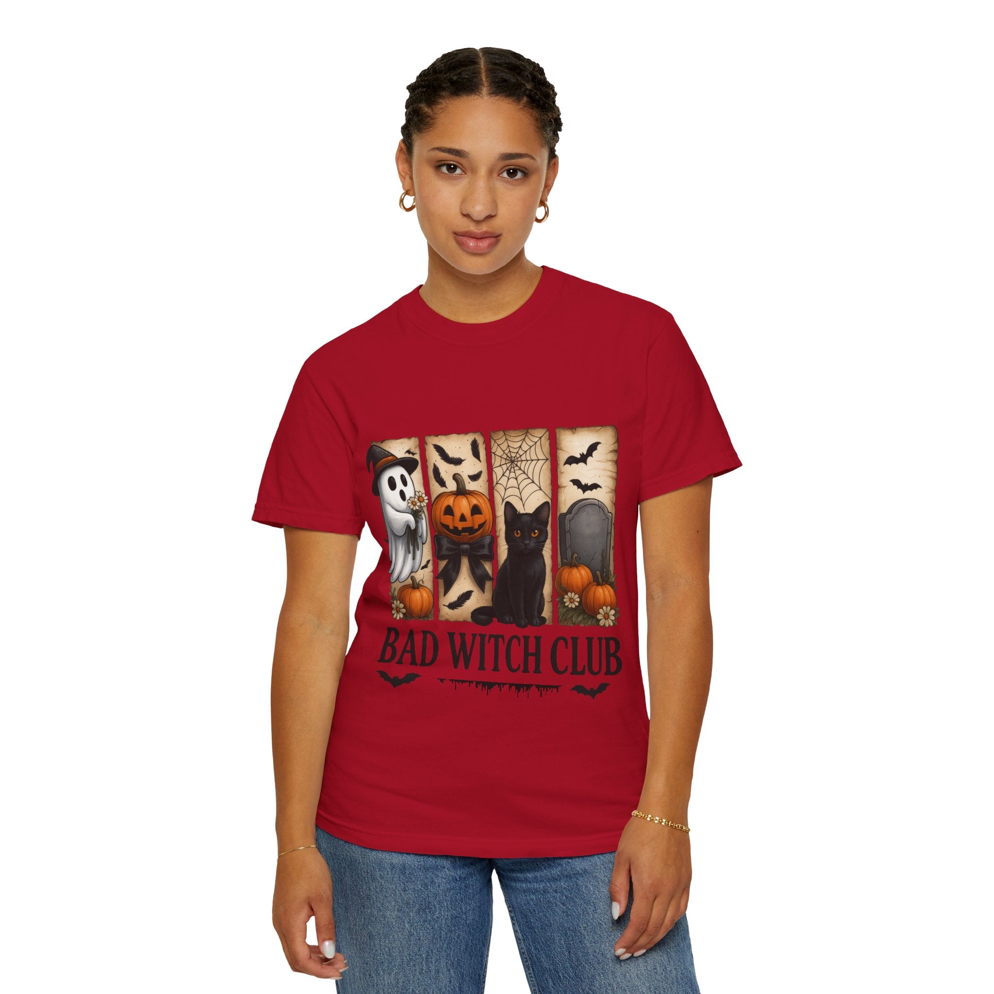 Bad Witch Club Halloween T-Shirt – Cute Ghost, Black Cat, Pumpkin & Spooky Gothic Design