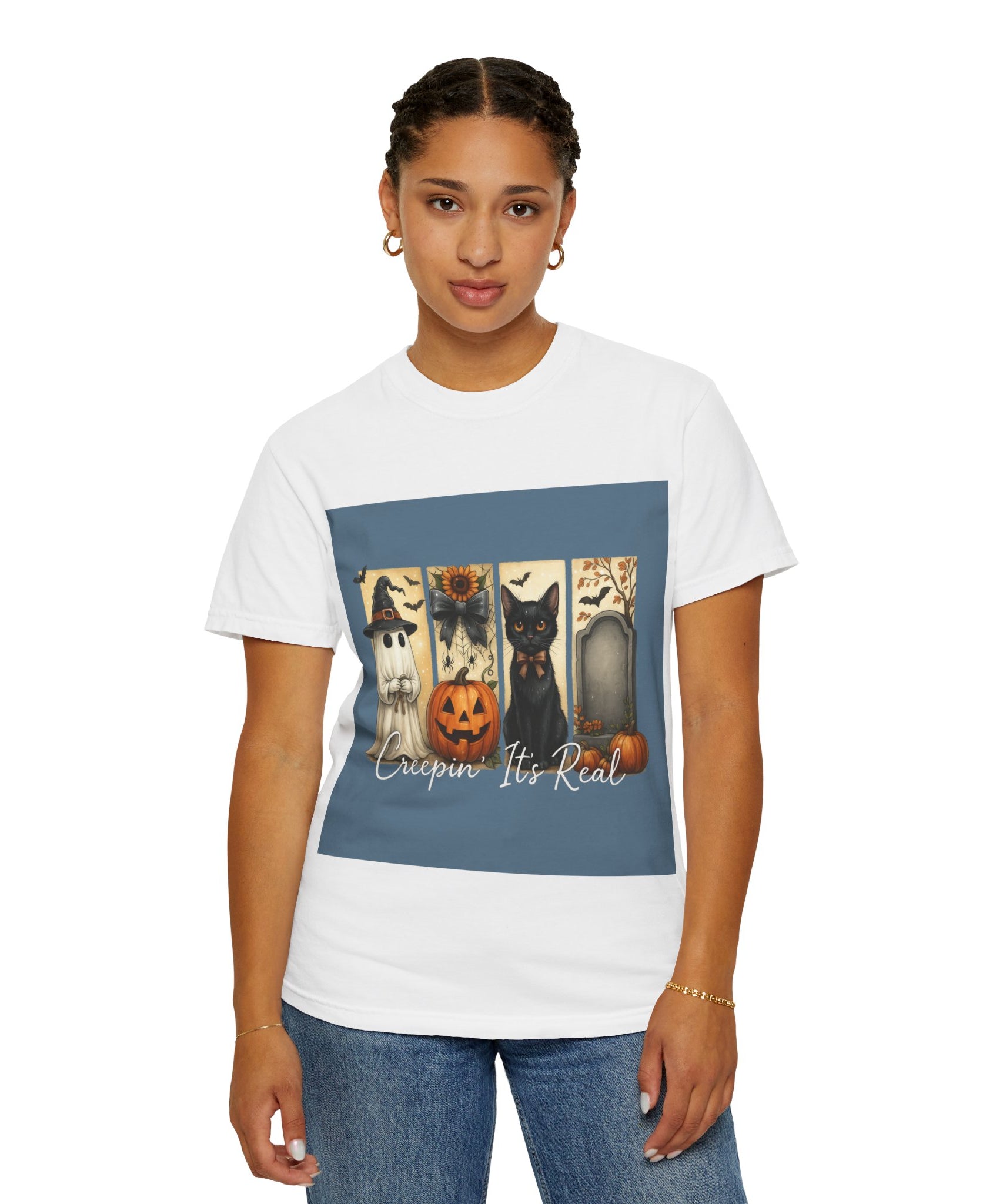 Creepin’ It’s Real Halloween T-Shirt – Cute Ghost, Pumpkin, Black Cat & Tombstone Design - Gallory Hive