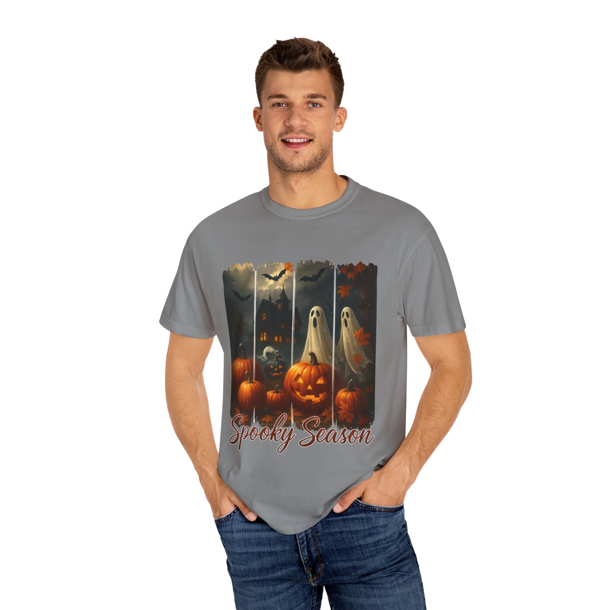 Spooky Season Unisex Halloween T-Shirt – Haunted House, Pumpkins & Ghosts Fall Design