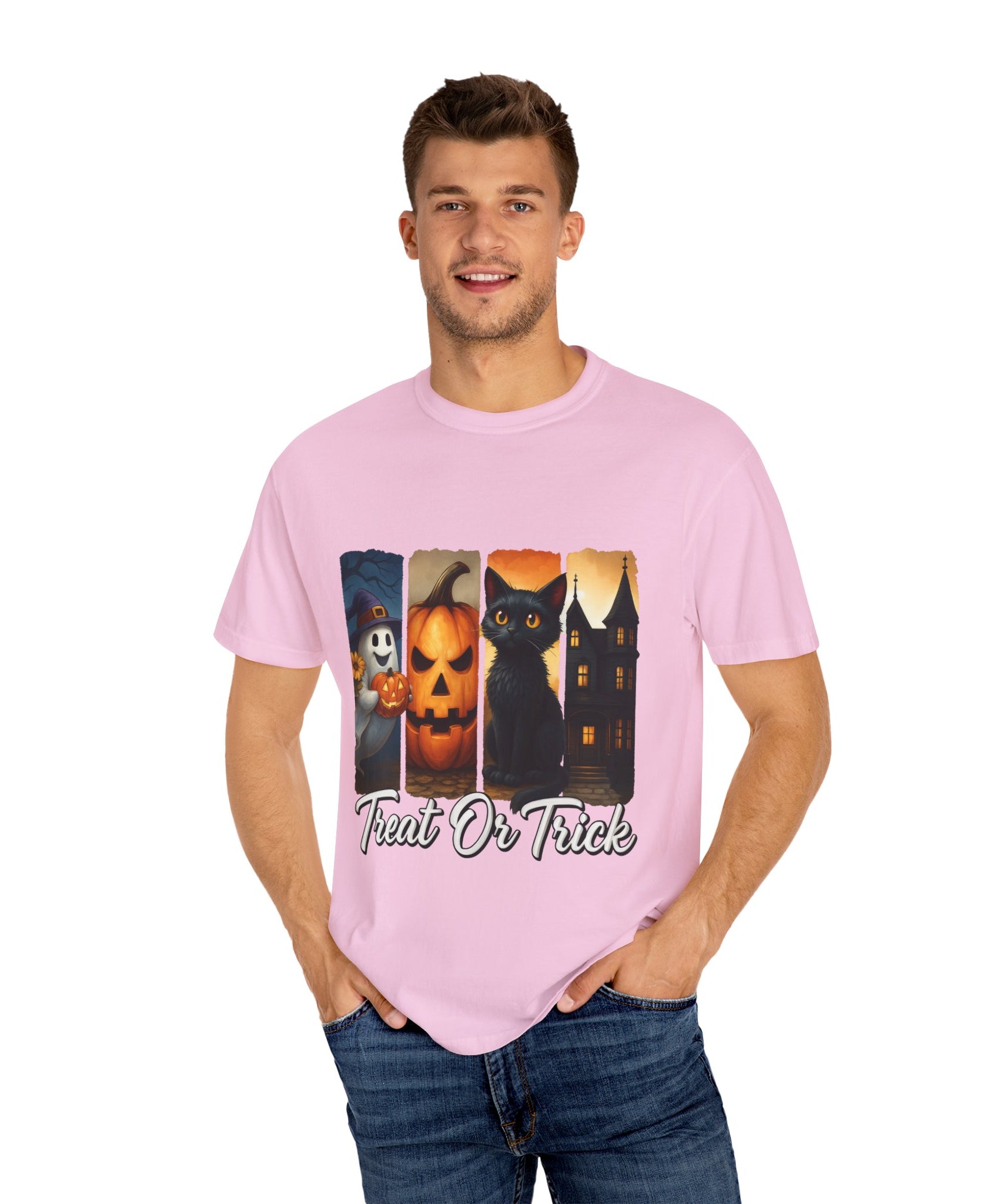 Treat Or Trick Halloween T-Shirt – Cute Ghost, Pumpkin, Black Cat & Haunted House Design - Gallory Hive