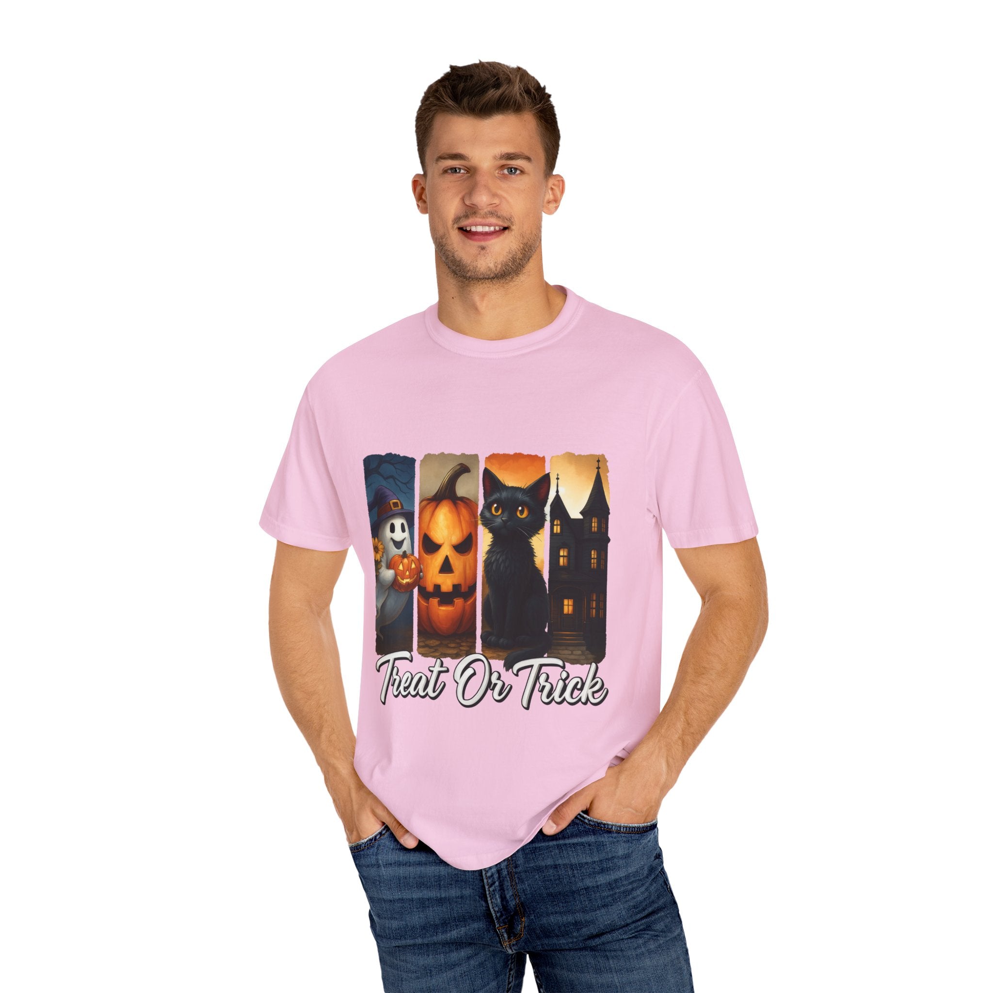 Treat Or Trick Halloween T-Shirt – Cute Ghost, Pumpkin, Black Cat & Haunted House Design