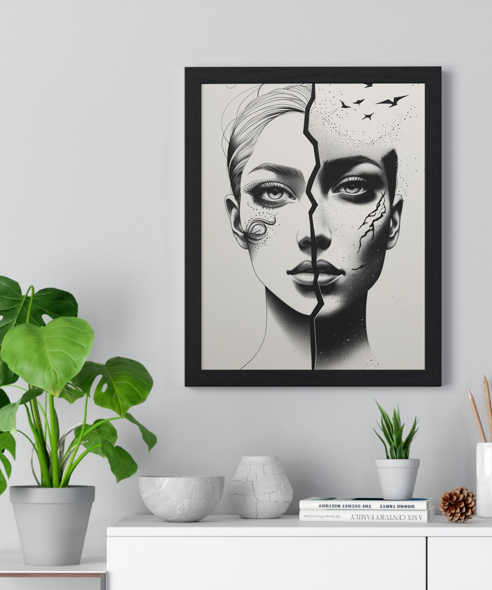 Vertical Framed Poster, Artistic Split Face Poster, Abstract Wall Art, Modern Home Decor, Unique Gift for Art Lovers, Stylish Room - Gallory Hive