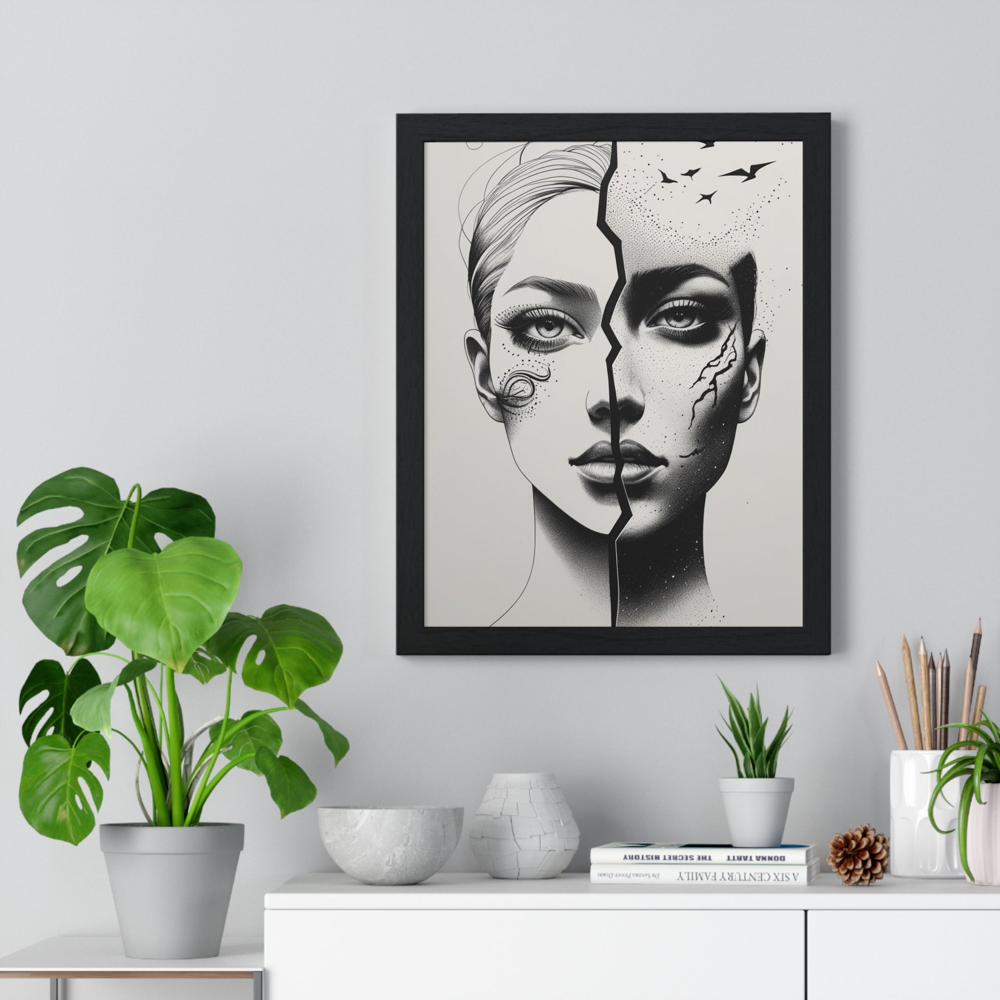 Vertical Framed Poster, Artistic Split Face Poster, Abstract Wall Art, Modern Home Decor, Unique Gift for Art Lovers, Stylish Room