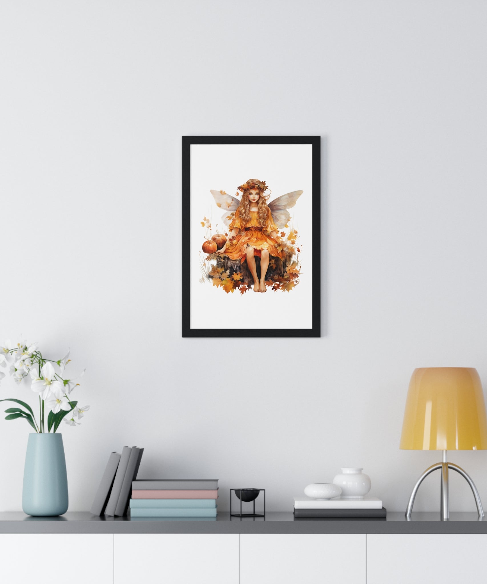 Fall Fairy Wall Art – Orange Dress Woodland Fairy with Pumpkins | Wooden Frame Poster for Autumn Home Decor