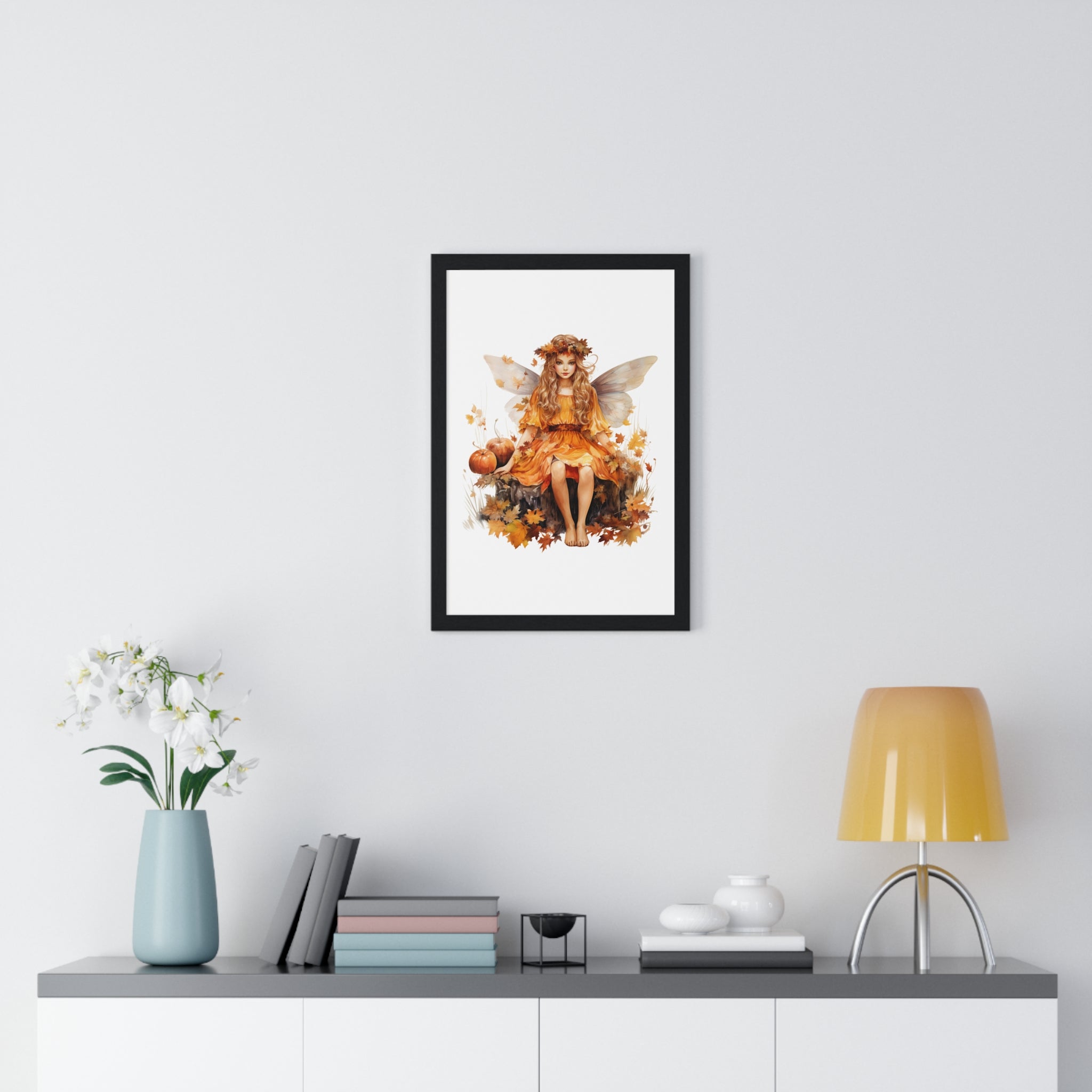 Fall Fairy Wall Art – Orange Dress Woodland Fairy with Pumpkins | Wooden Frame Poster for Autumn Home Decor