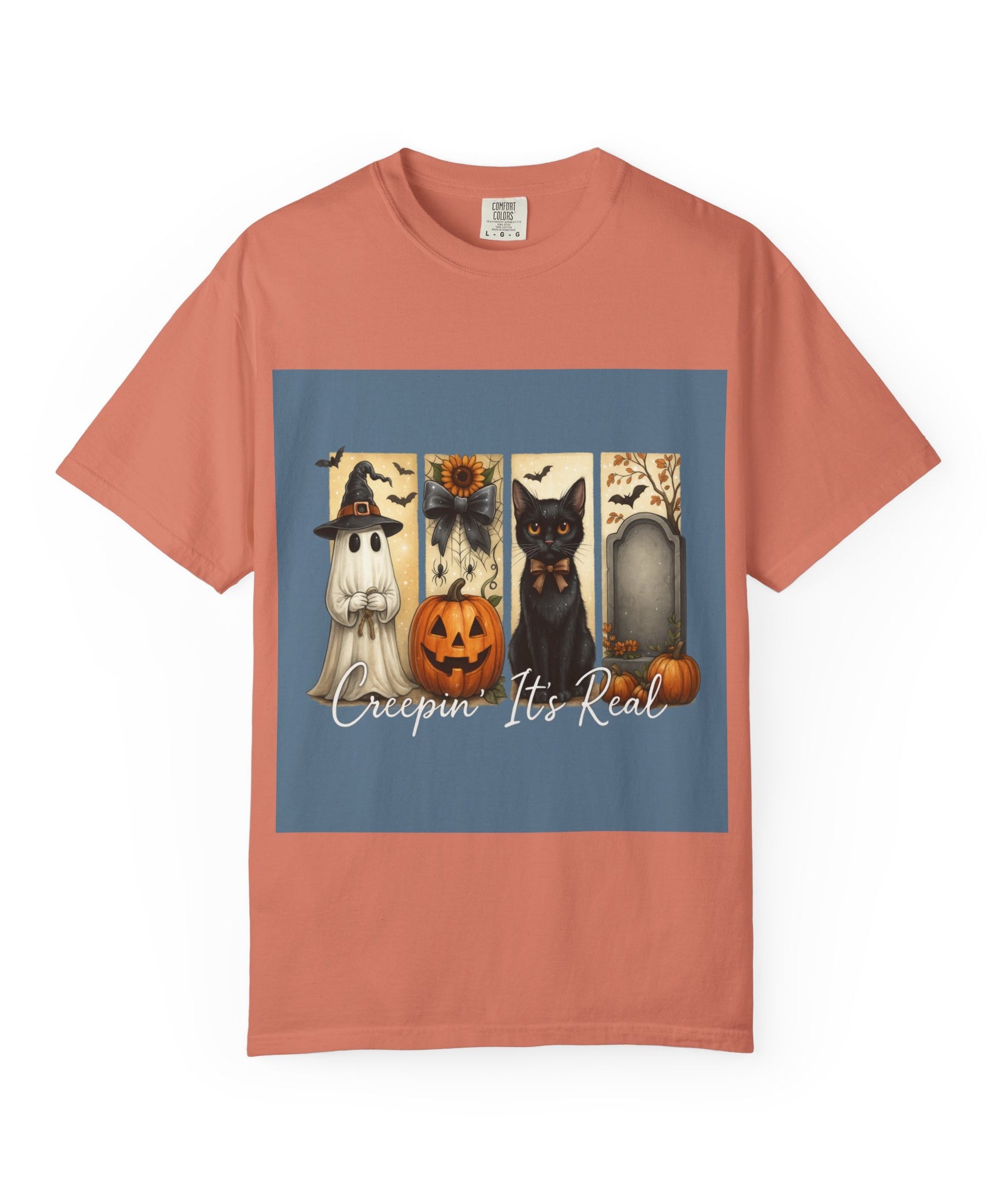 Creepin’ It’s Real Halloween T-Shirt – Cute Ghost, Pumpkin, Black Cat & Tombstone Design - Gallory Hive