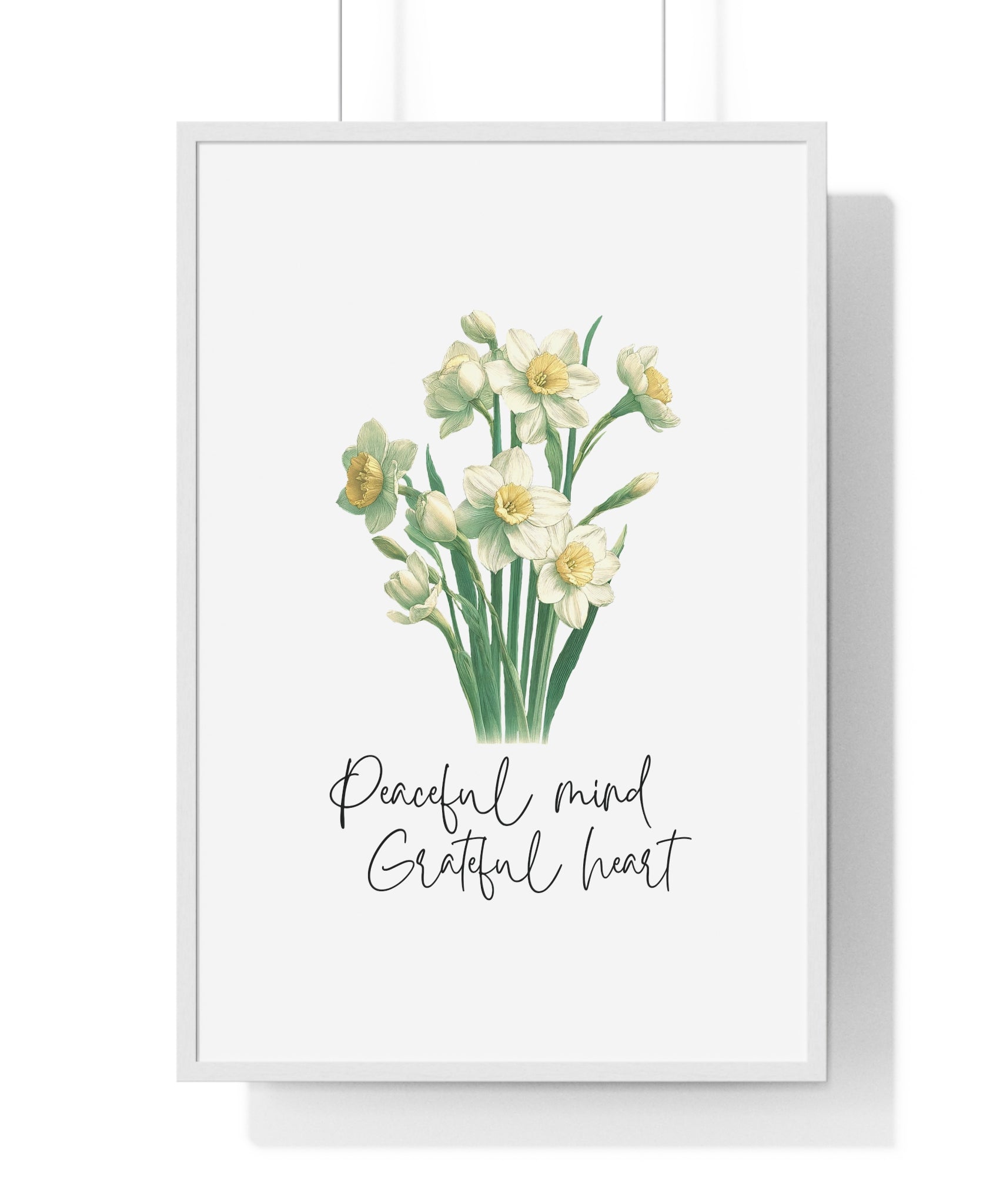 December Birth Month Flower Wall Art – Narcissus Illustration with Inspirational Quote in Wooden Frame | Peaceful Mind & Grateful Heart