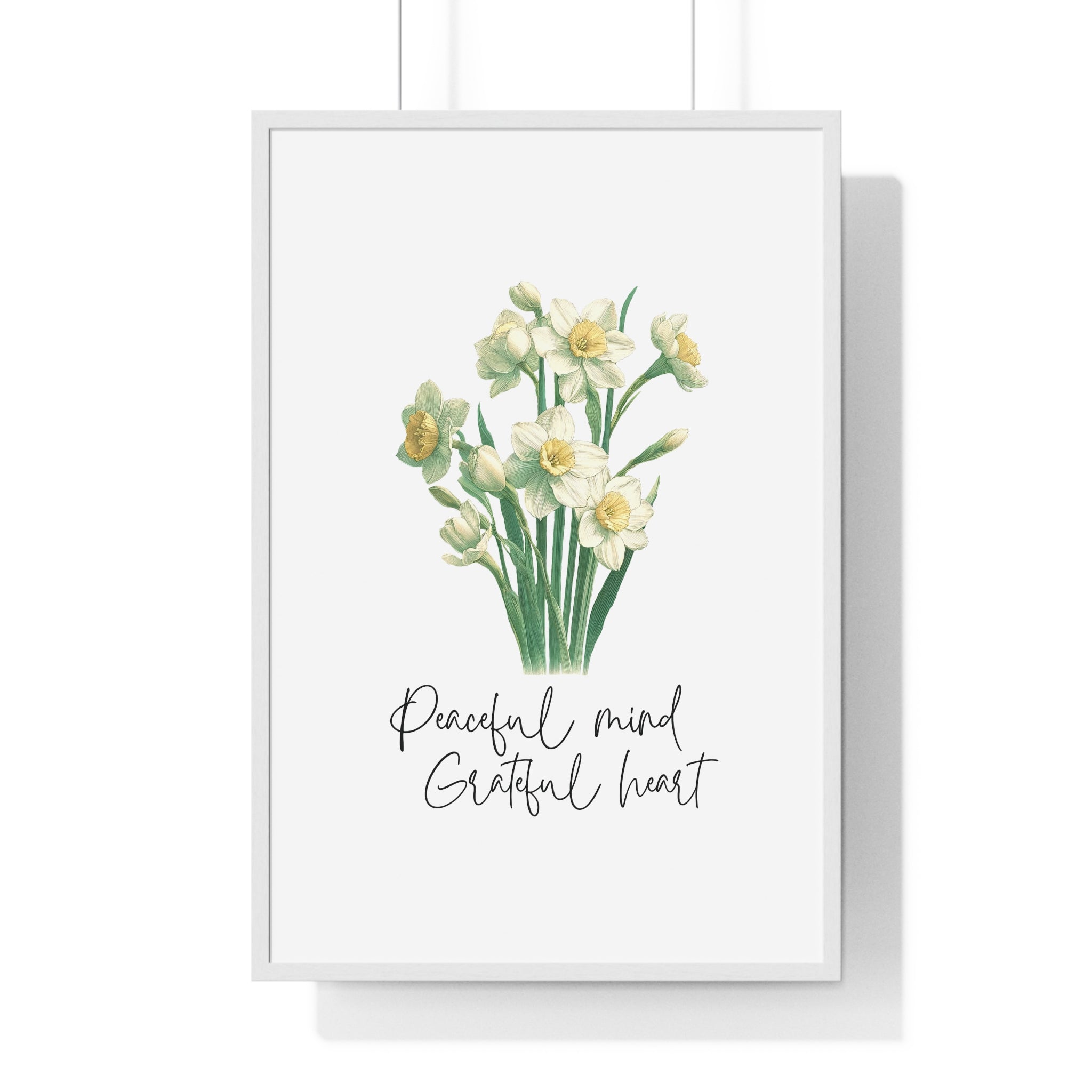 December Birth Month Flower Wall Art – Narcissus Illustration with Inspirational Quote in Wooden Frame | Peaceful Mind & Grateful Heart