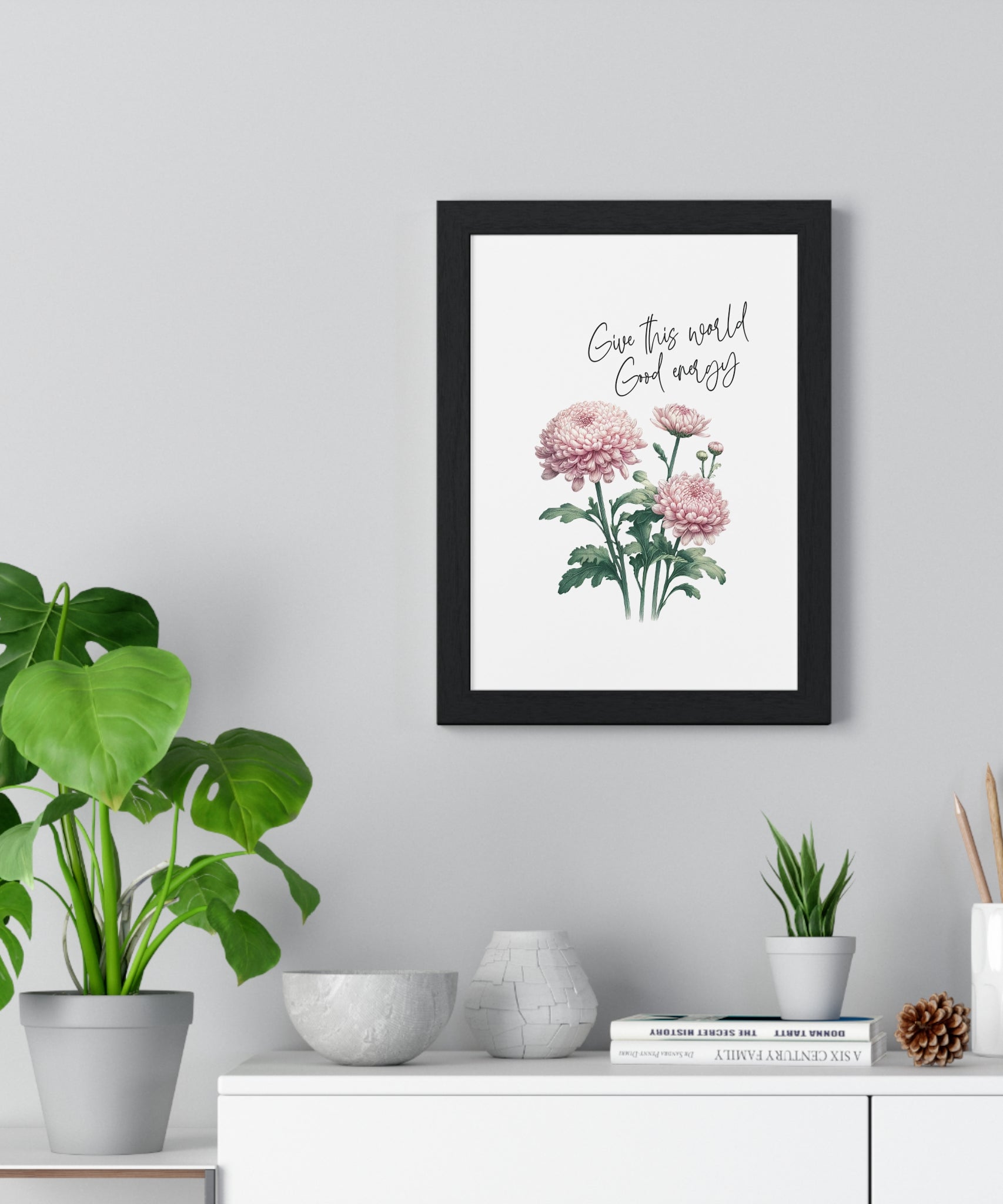 November Birth Month Flower Wall Art – Chrysanthemum Illustration with Inspirational Quote in Wooden Frame | Good Energy & Joy