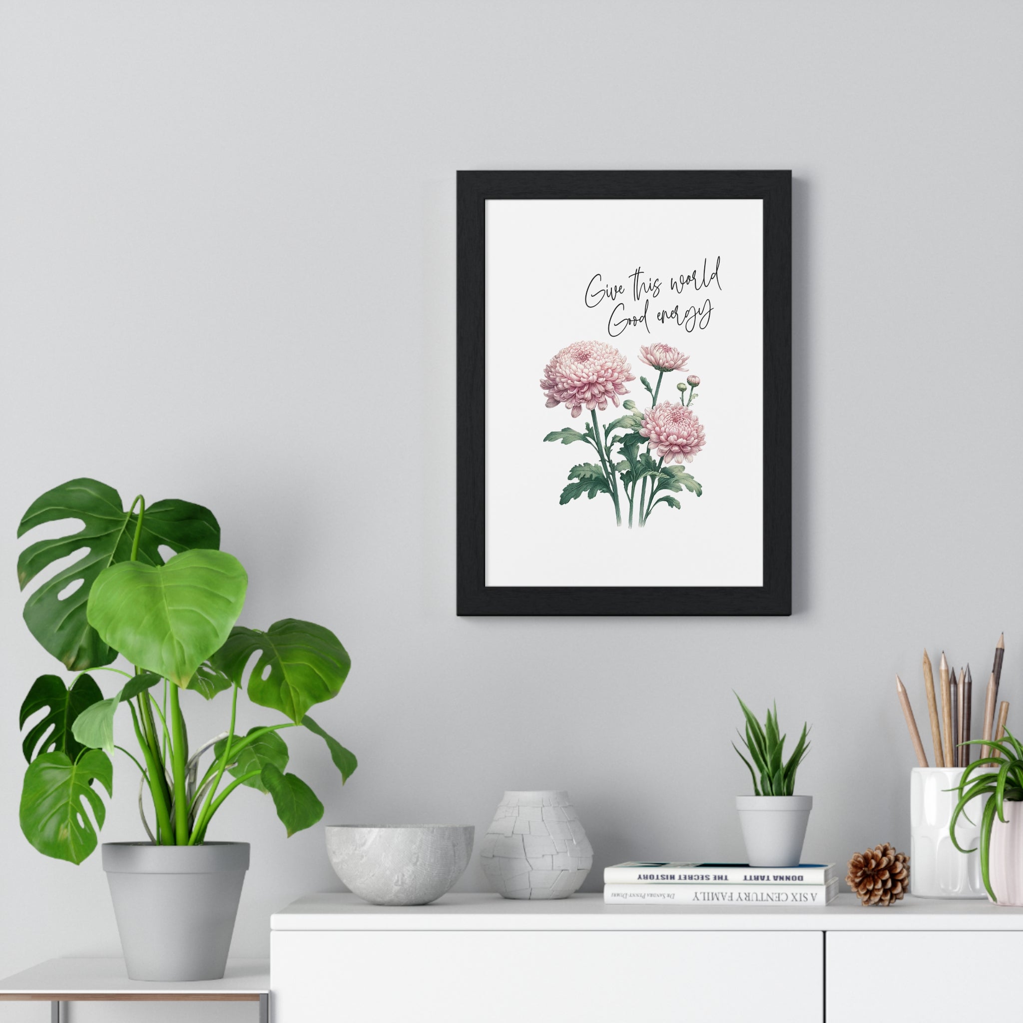 November Birth Month Flower Wall Art – Chrysanthemum Illustration with Inspirational Quote in Wooden Frame | Good Energy & Joy