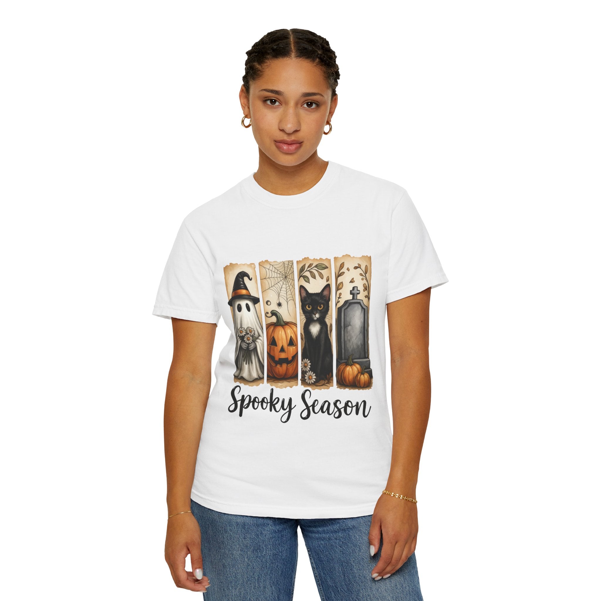 Spooky Season Halloween Unisex T-Shirt – Ghost, Cat & Pumpkin Design