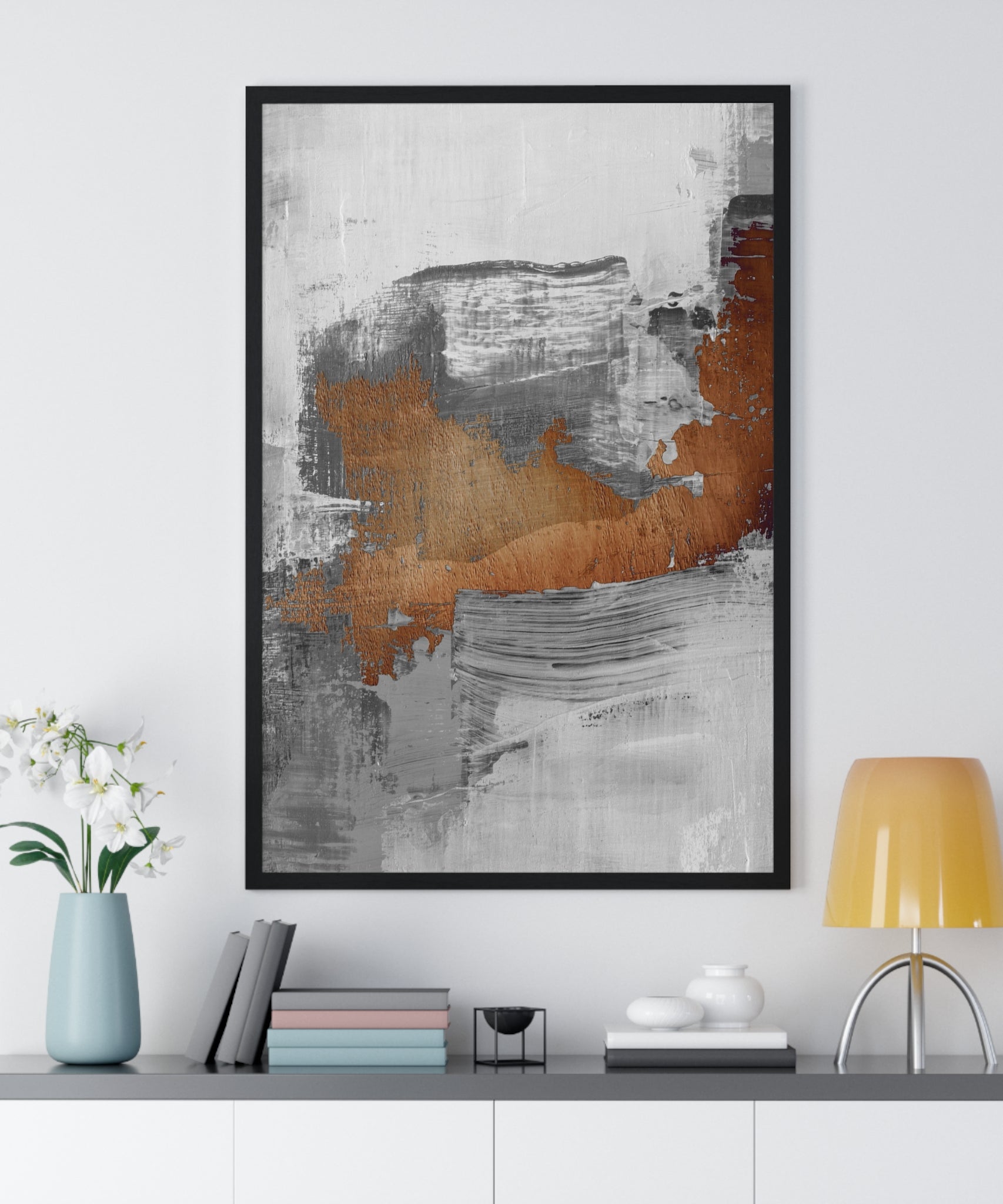 Textured Abstract Wall Art – Grey, Copper & White Modern Brushstroke Poster on Wooden Frame