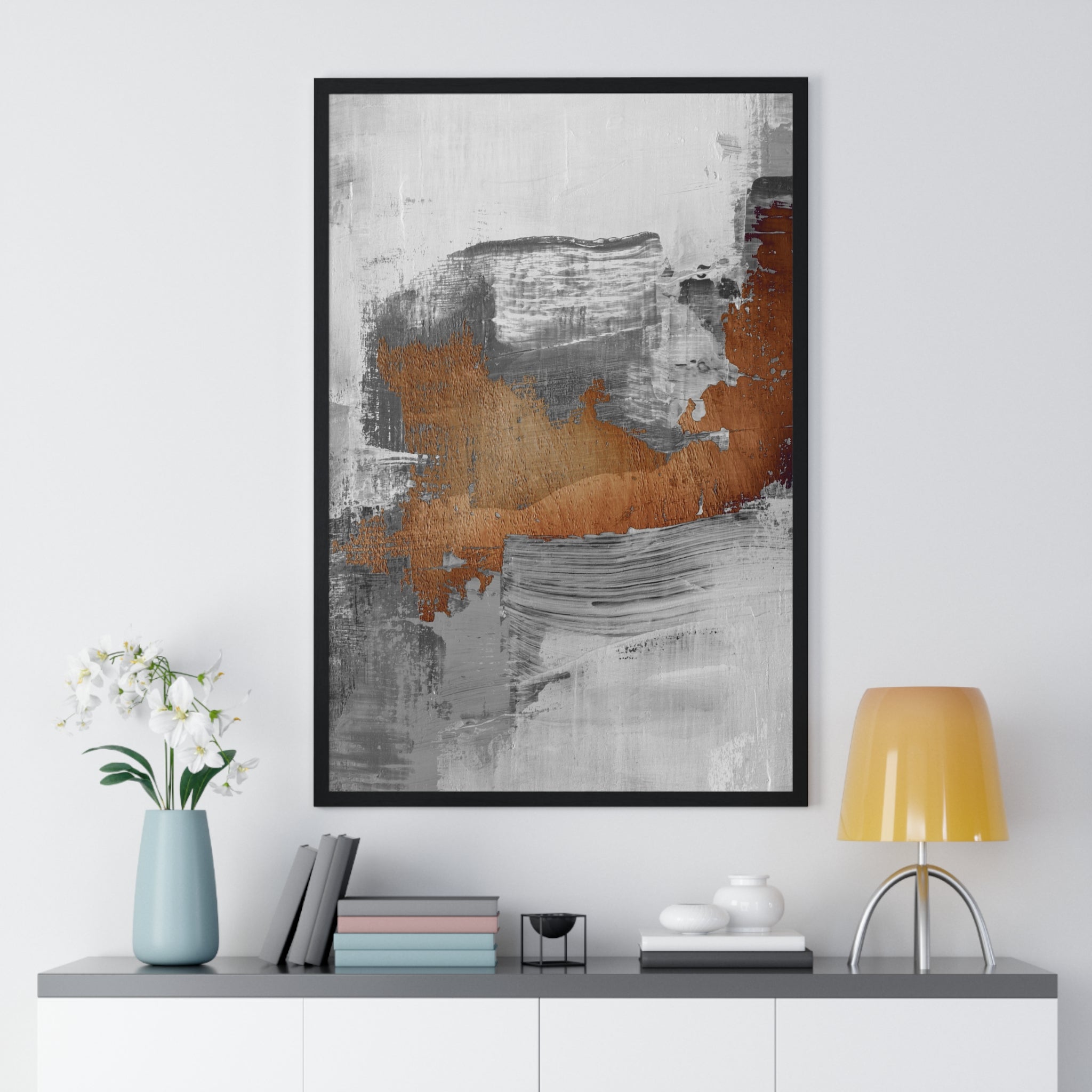 Textured Abstract Wall Art – Grey, Copper & White Modern Brushstroke Poster on Wooden Frame