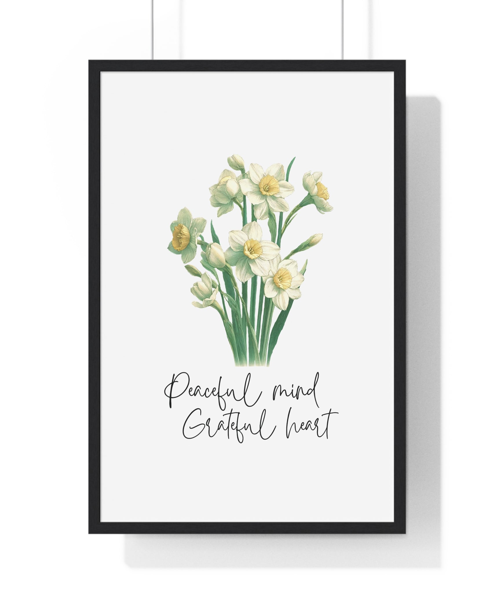 December Birth Month Flower Wall Art – Narcissus Illustration with Inspirational Quote in Wooden Frame | Peaceful Mind & Grateful Heart