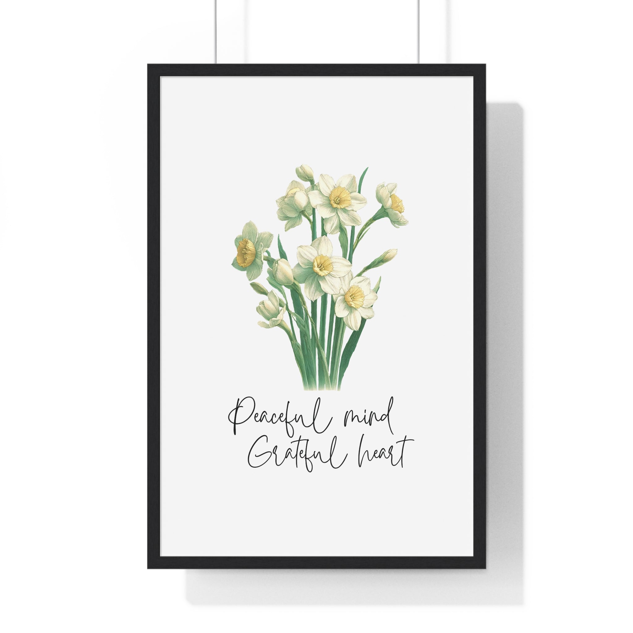 December Birth Month Flower Wall Art – Narcissus Illustration with Inspirational Quote in Wooden Frame | Peaceful Mind & Grateful Heart