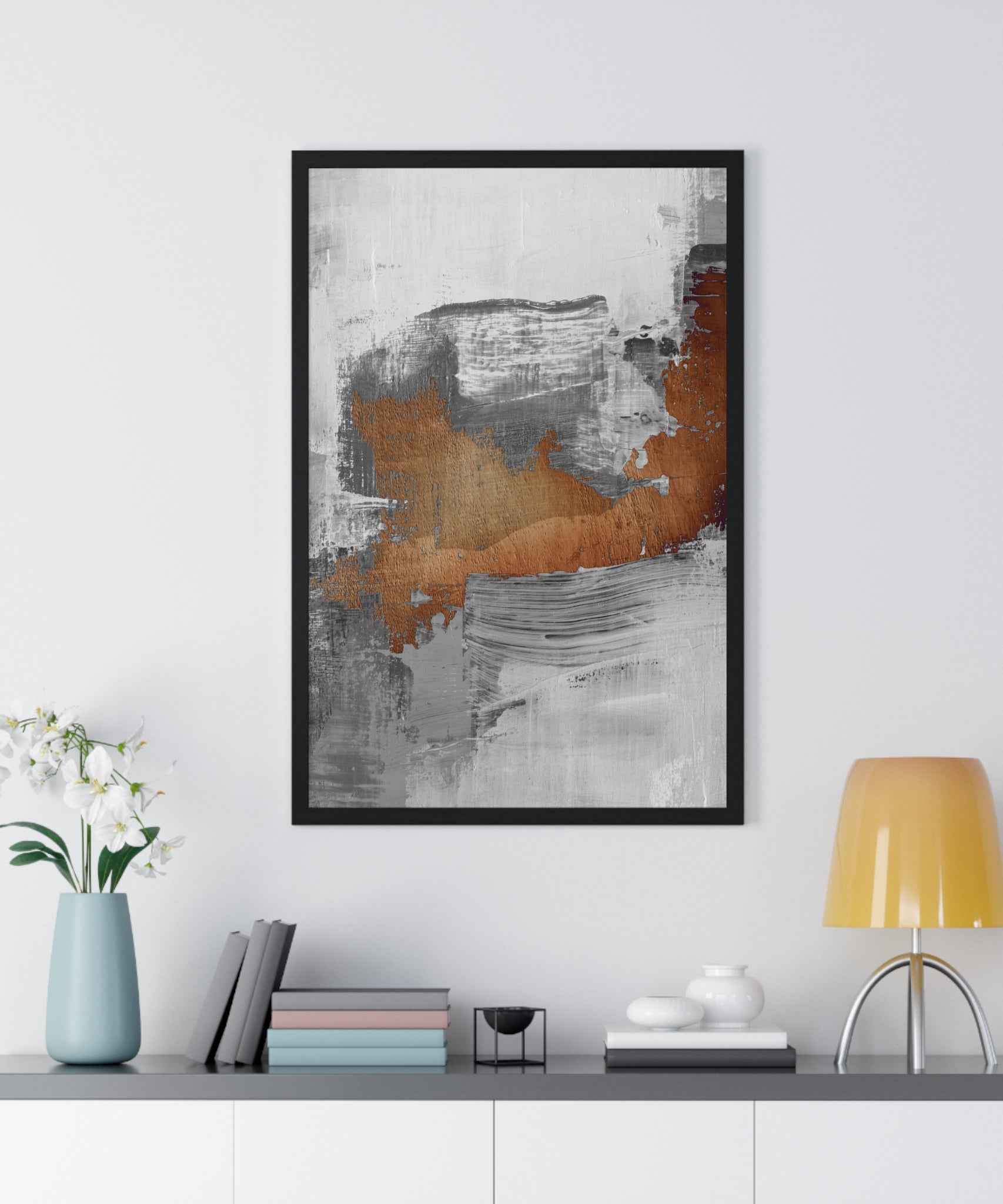 Textured Abstract Wall Art – Grey, Copper & White Modern Brushstroke Poster on Wooden Frame