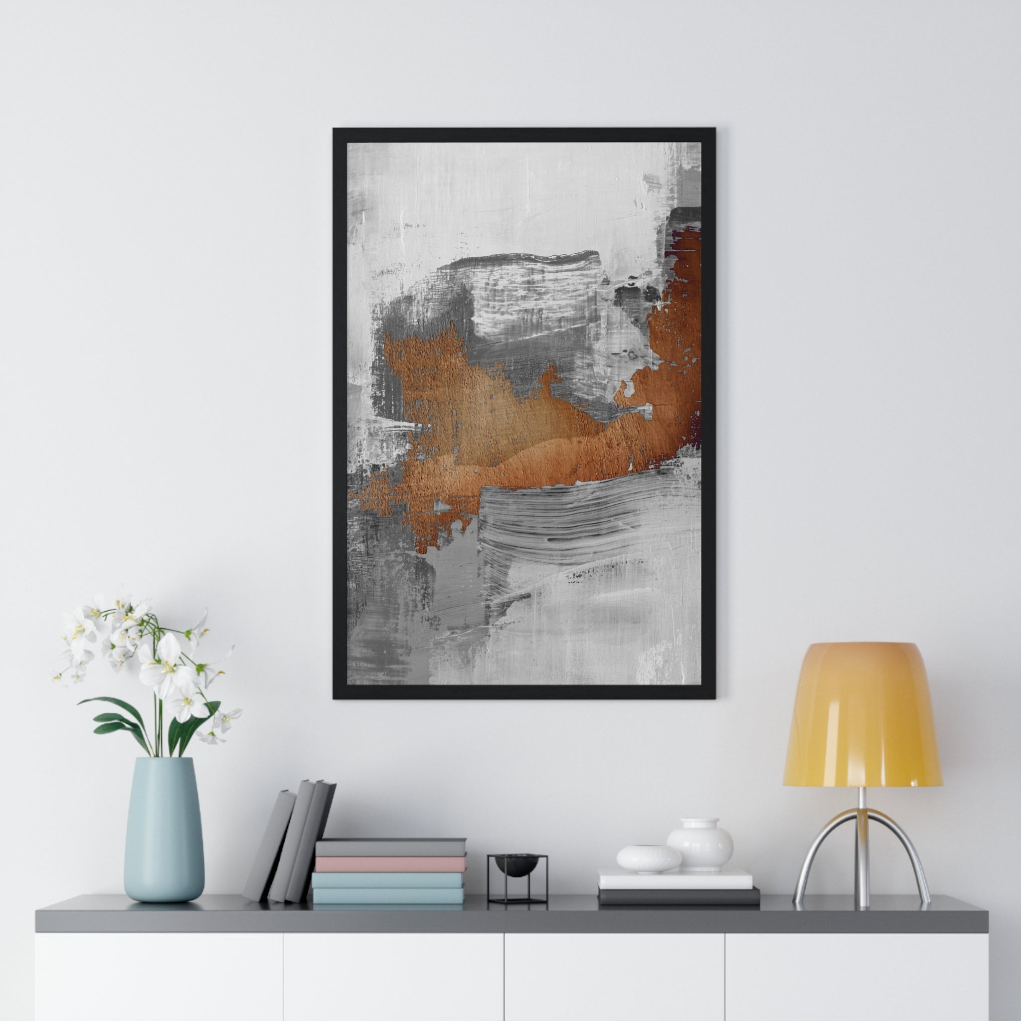 Textured Abstract Wall Art – Grey, Copper & White Modern Brushstroke Poster on Wooden Frame