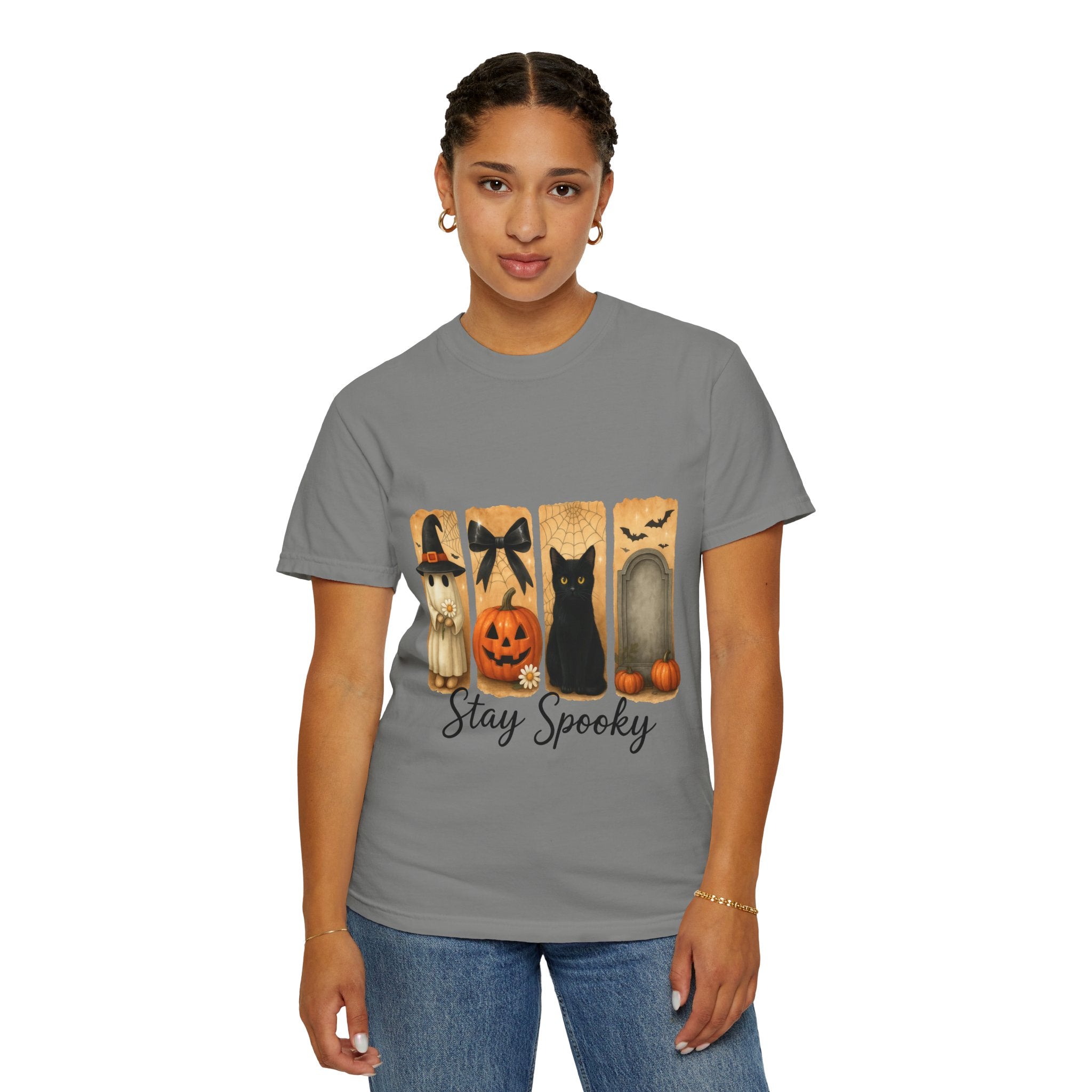 Cute Halloween T-Shirt – Ghost in Witch Hat, Pumpkin, Black Cat & Tombstone Design