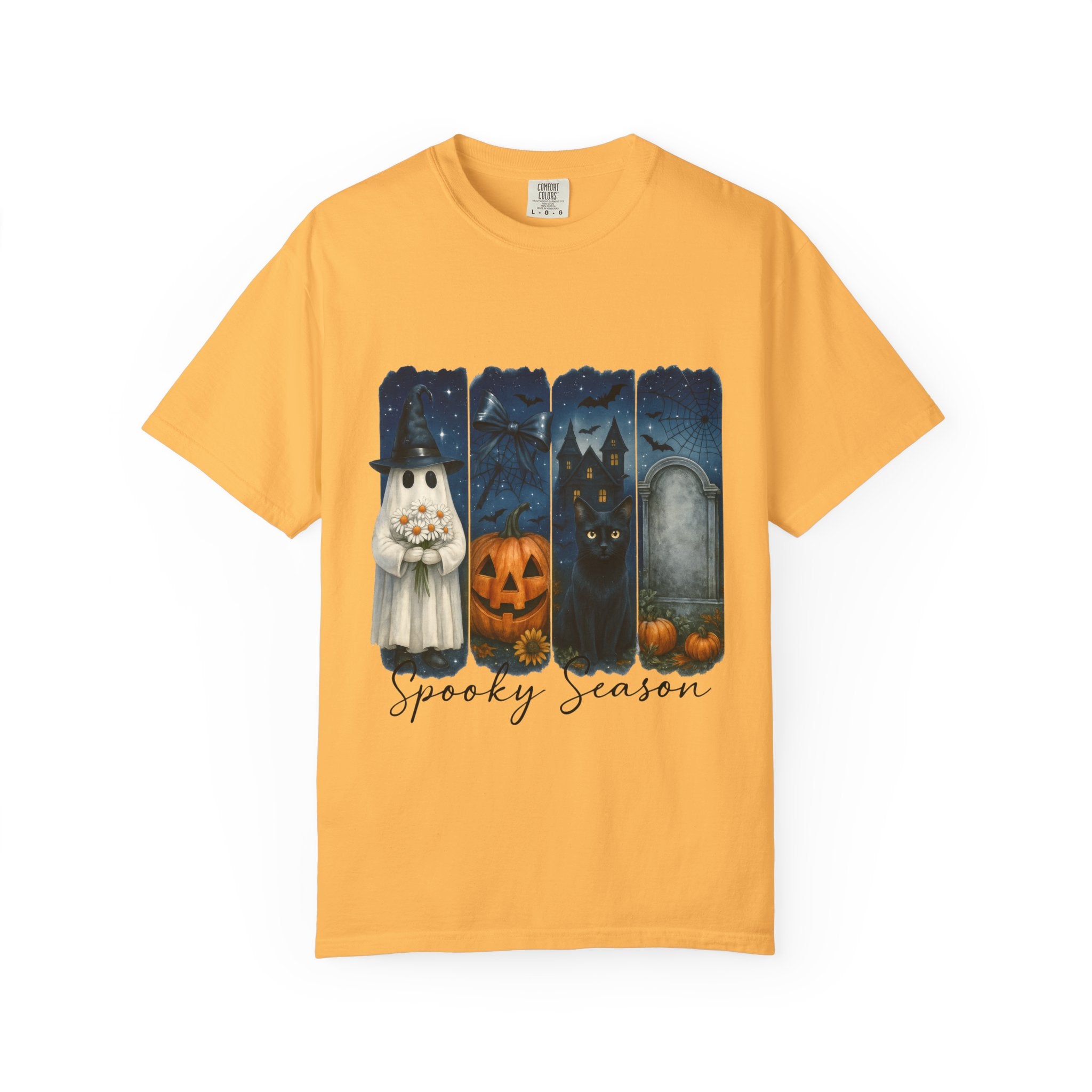 Spooky Season Halloween T-Shirt – Ghost, Black Cat, Pumpkin & Haunted House Design