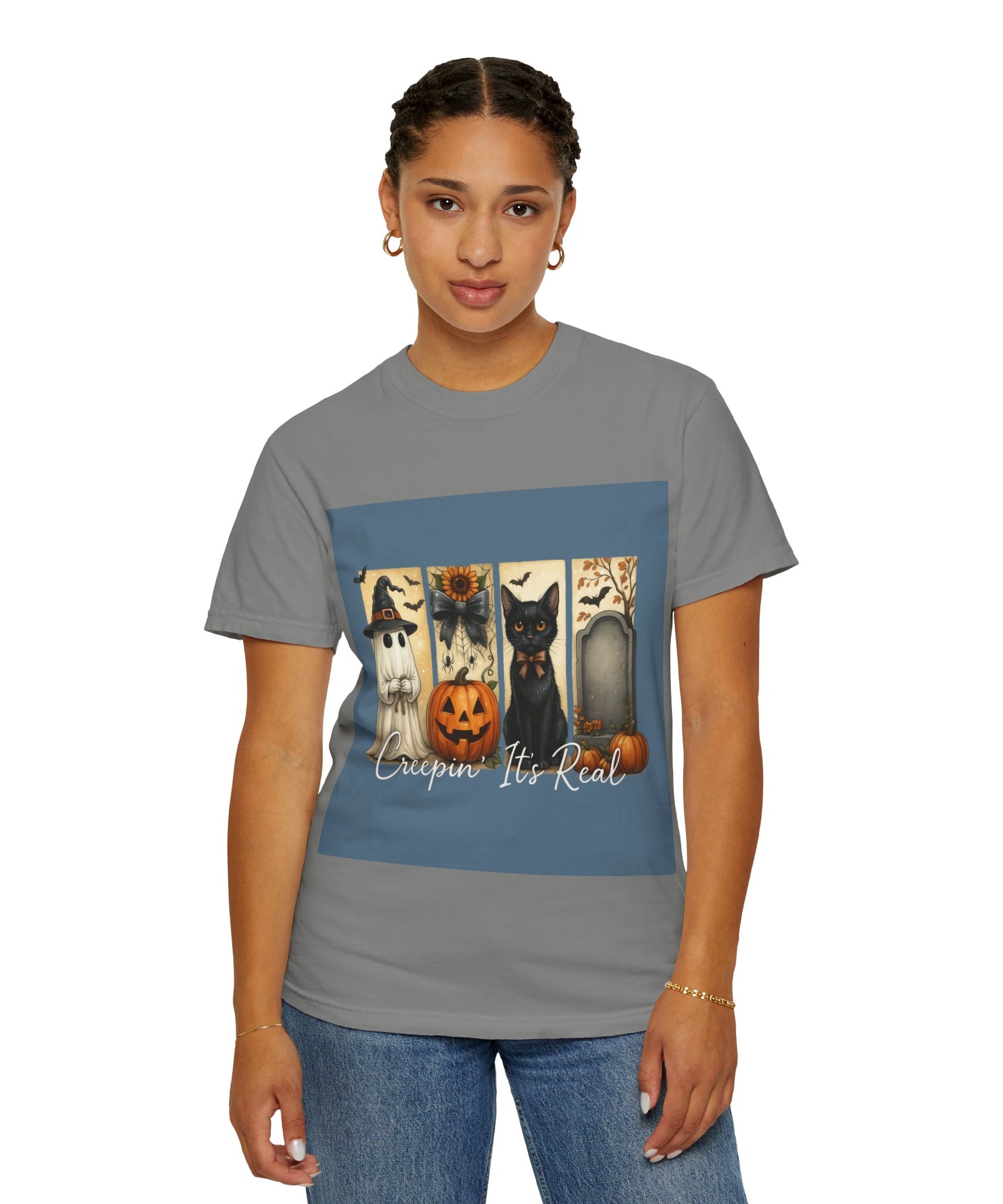 Creepin’ It’s Real Halloween T-Shirt – Cute Ghost, Pumpkin, Black Cat & Tombstone Design - Gallory Hive