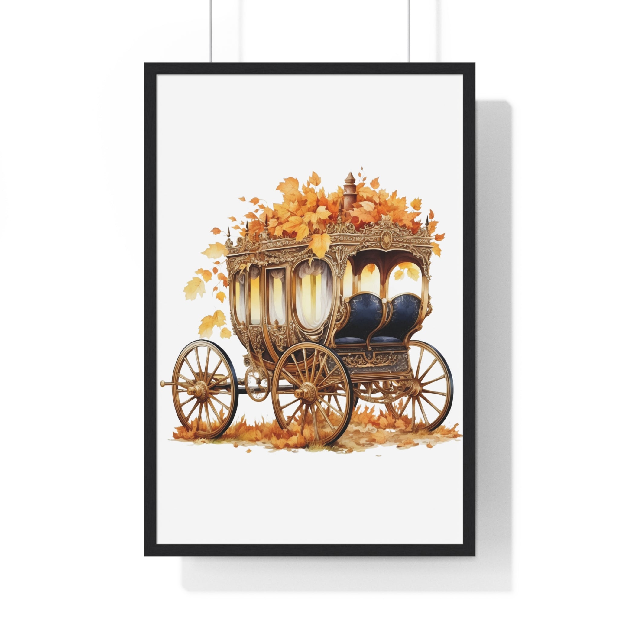 Golden Autumn Carriage Wall Art – Vintage Fantasy Wagon with Fall Leaves & Plush Interior | Wooden Frame Seasonal Decor