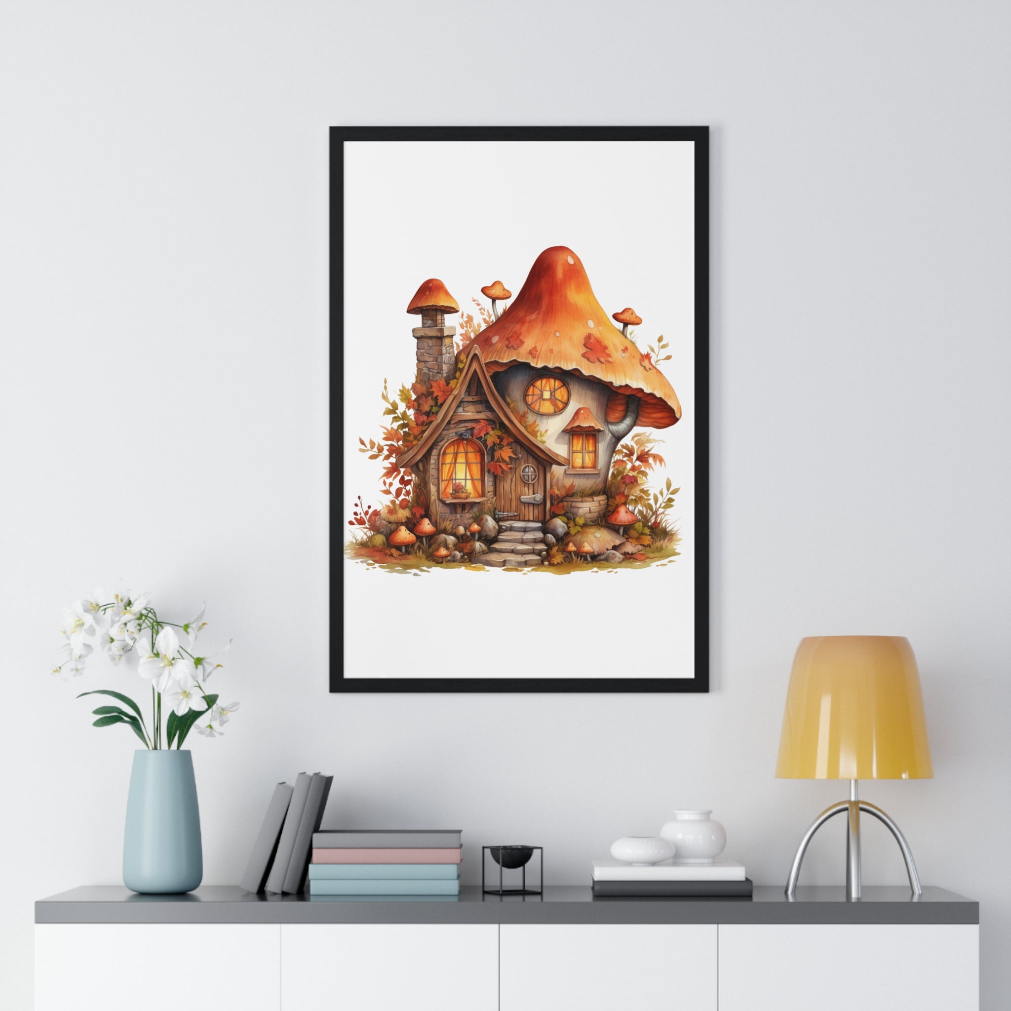Whimsical Mushroom Cottage Wall Art – Autumn Fantasy House with Glowing Windows | Wooden Frame Poster for Fairycore Decor