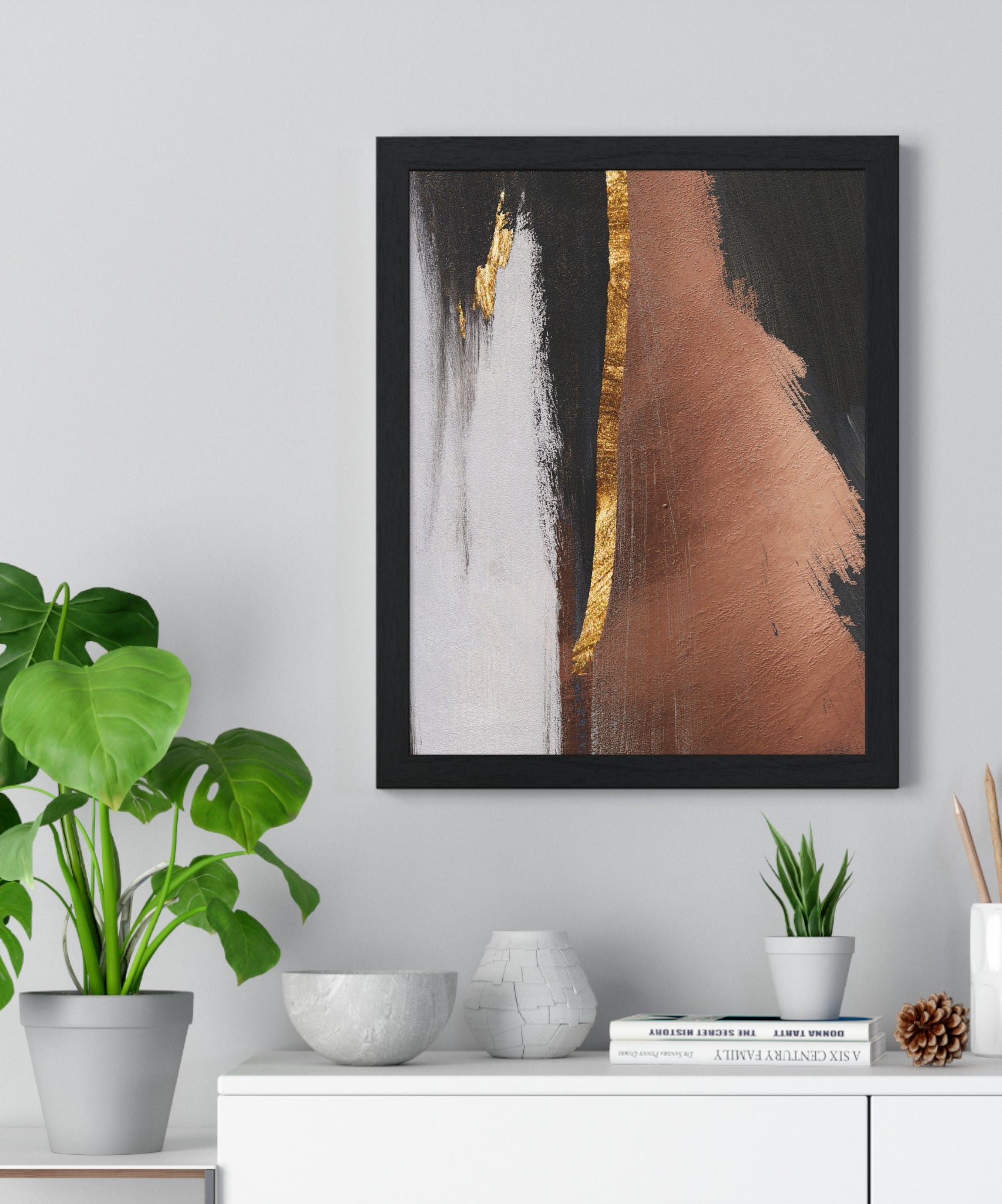 Modern Abstract Wall Art – Bold Black, Copper & Gold Textured Poster on Wooden Frame – Luxury Canvas Print for Home or Office
