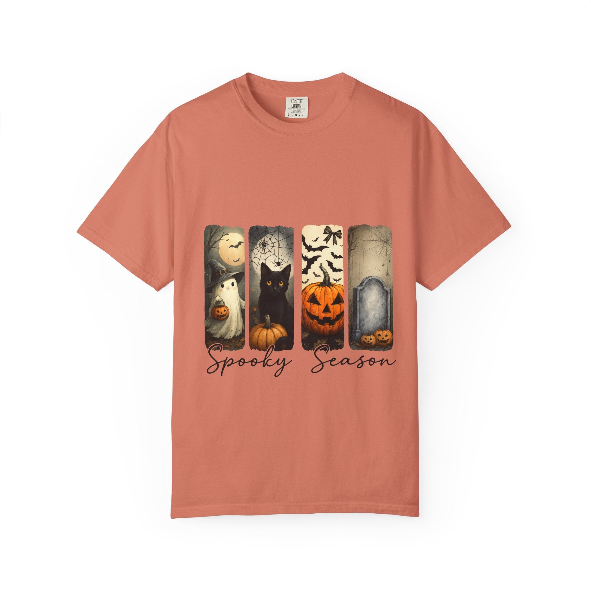 Halloween Night Unisex T-Shirt – Ghost, Black Cat, Pumpkin & Tombstone Vintage Art