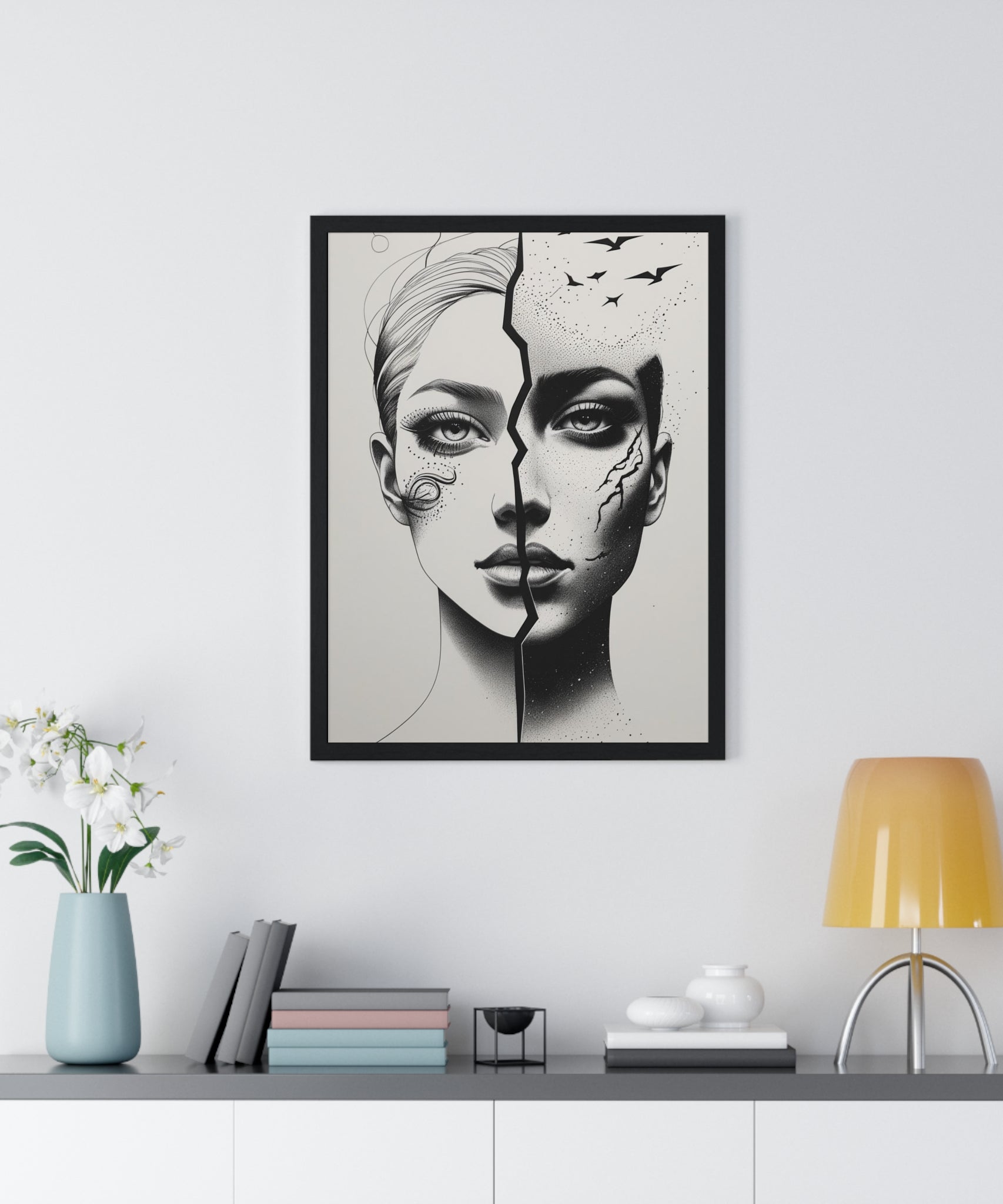 Vertical Framed Poster, Artistic Split Face Poster, Abstract Wall Art, Modern Home Decor, Unique Gift for Art Lovers, Stylish Room - Gallory Hive