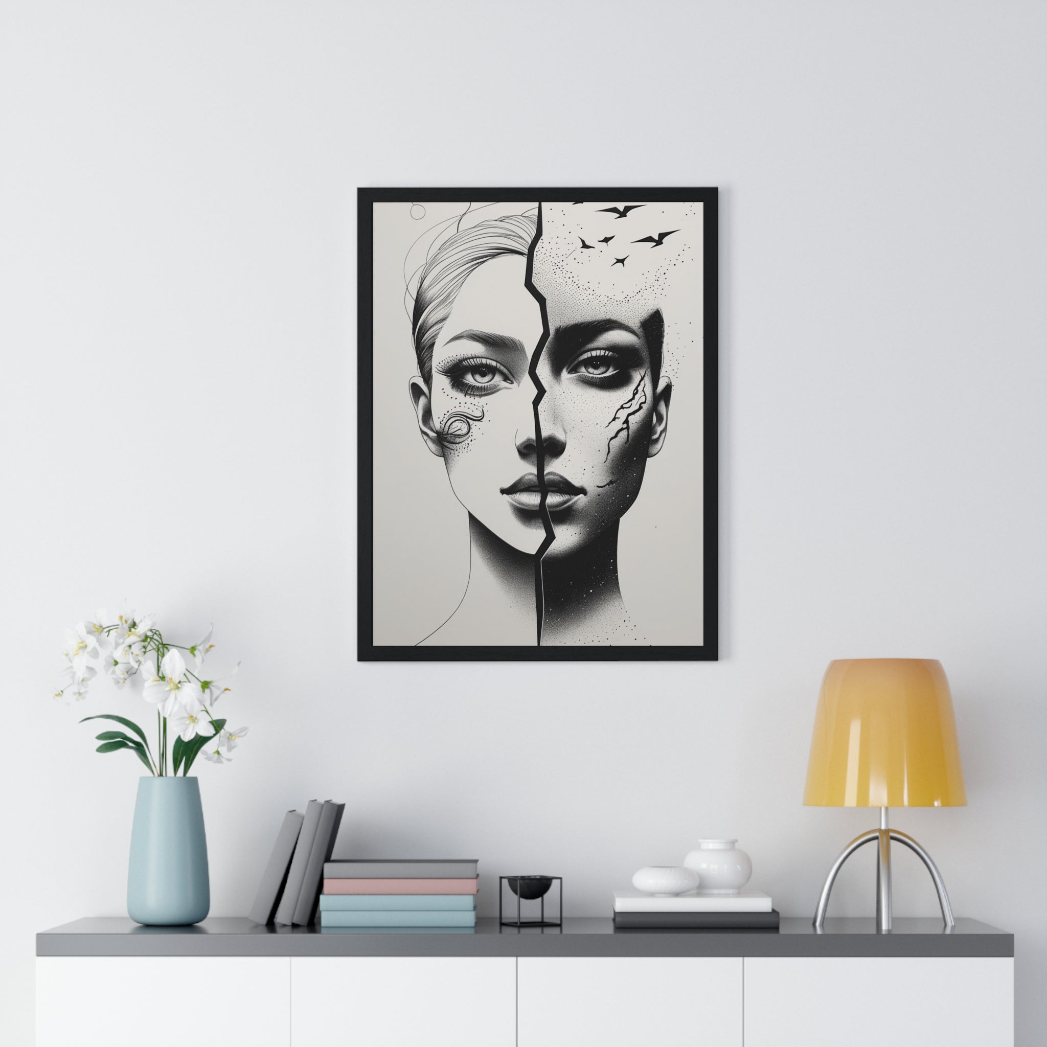 Vertical Framed Poster, Artistic Split Face Poster, Abstract Wall Art, Modern Home Decor, Unique Gift for Art Lovers, Stylish Room