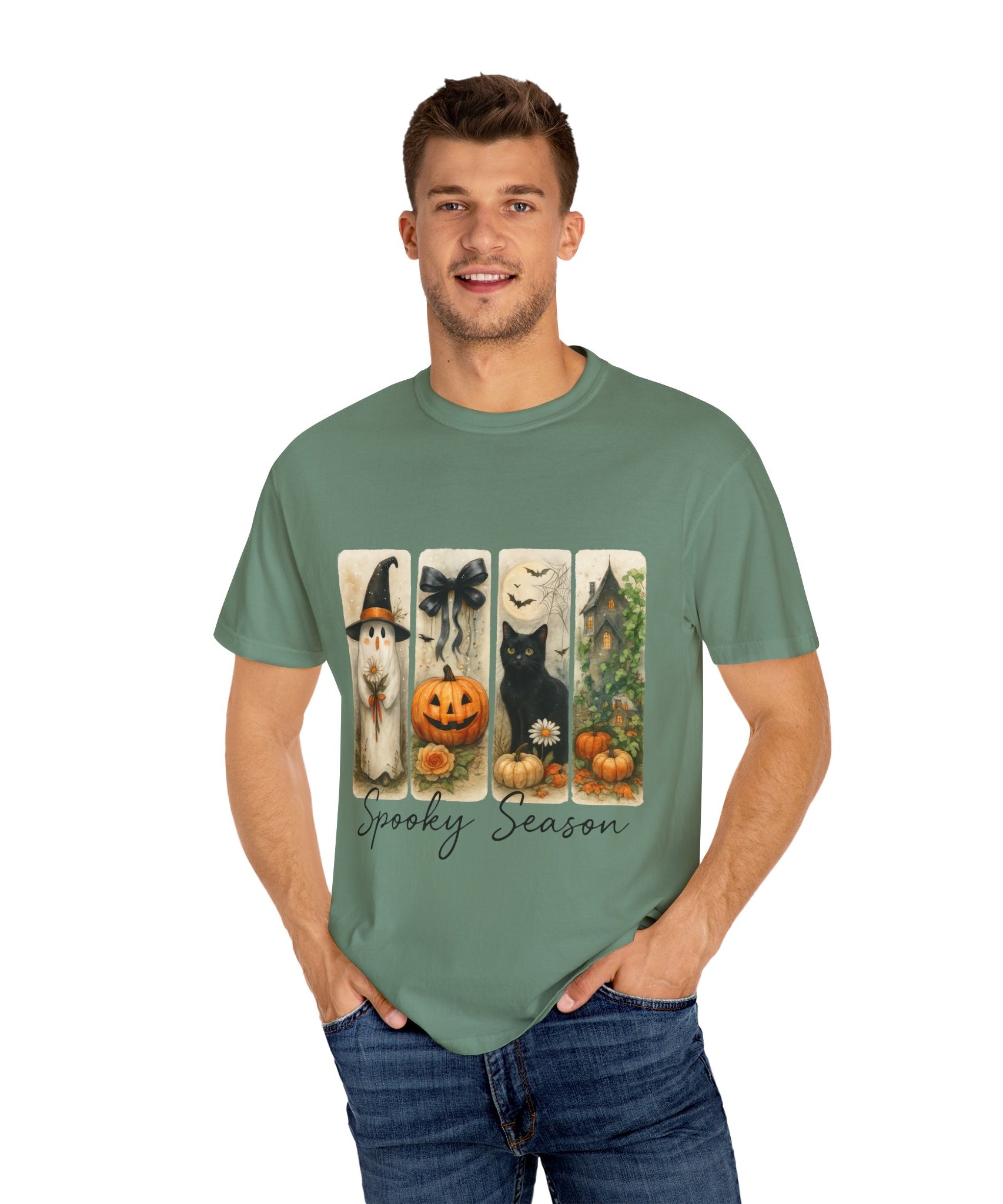Vintage Halloween Unisex T-Shirt – Cute Ghost, Black Cat, Pumpkin & Haunted House Art - Gallory Hive