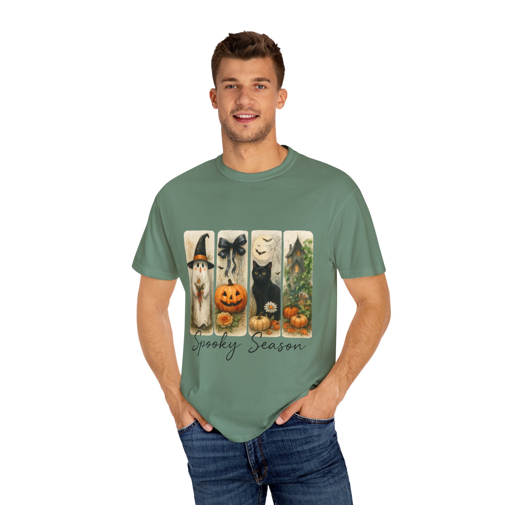 Vintage Halloween Unisex T-Shirt – Cute Ghost, Black Cat, Pumpkin & Haunted House Art