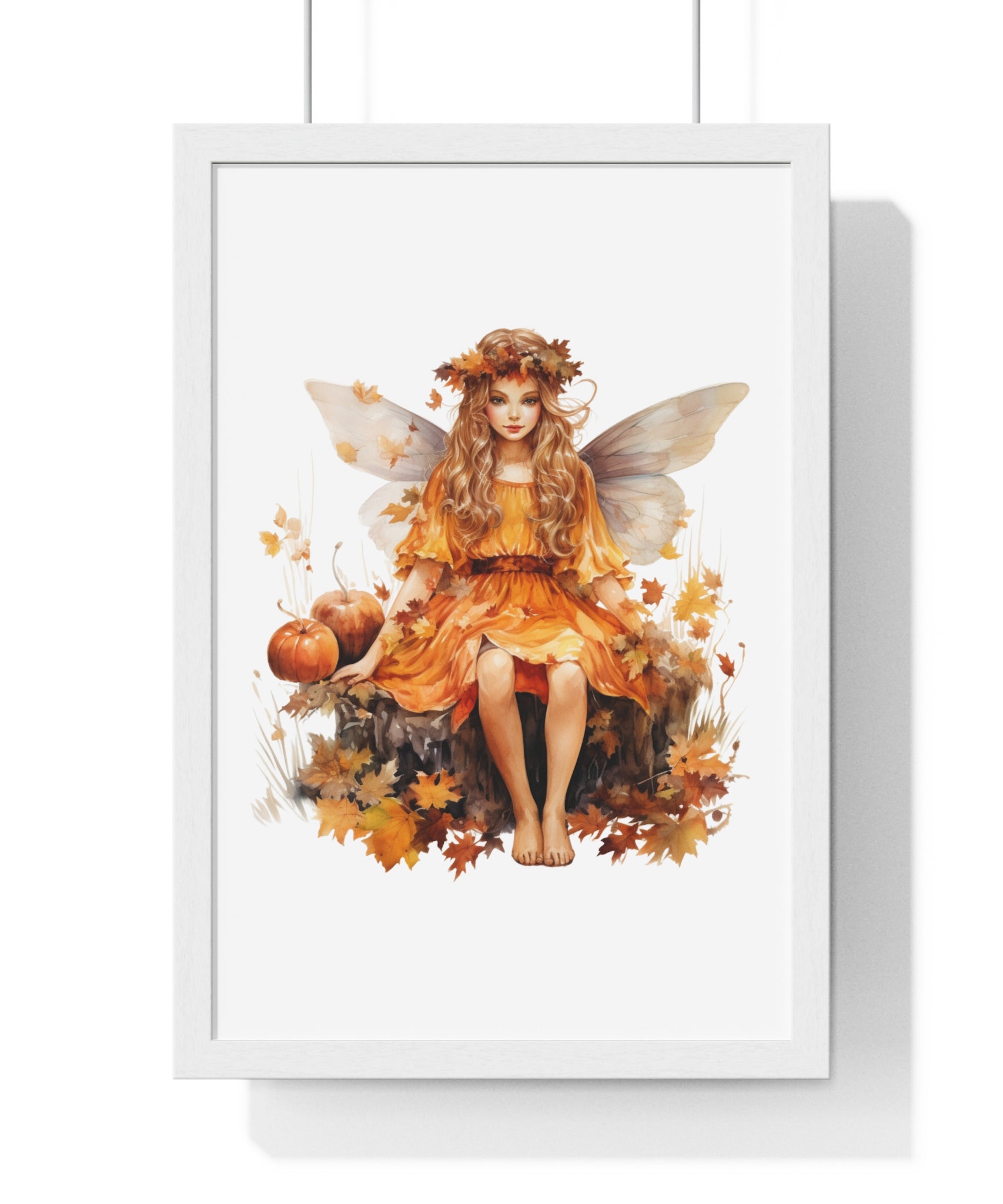 Fall Fairy Wall Art – Orange Dress Woodland Fairy with Pumpkins | Wooden Frame Poster for Autumn Home Decor