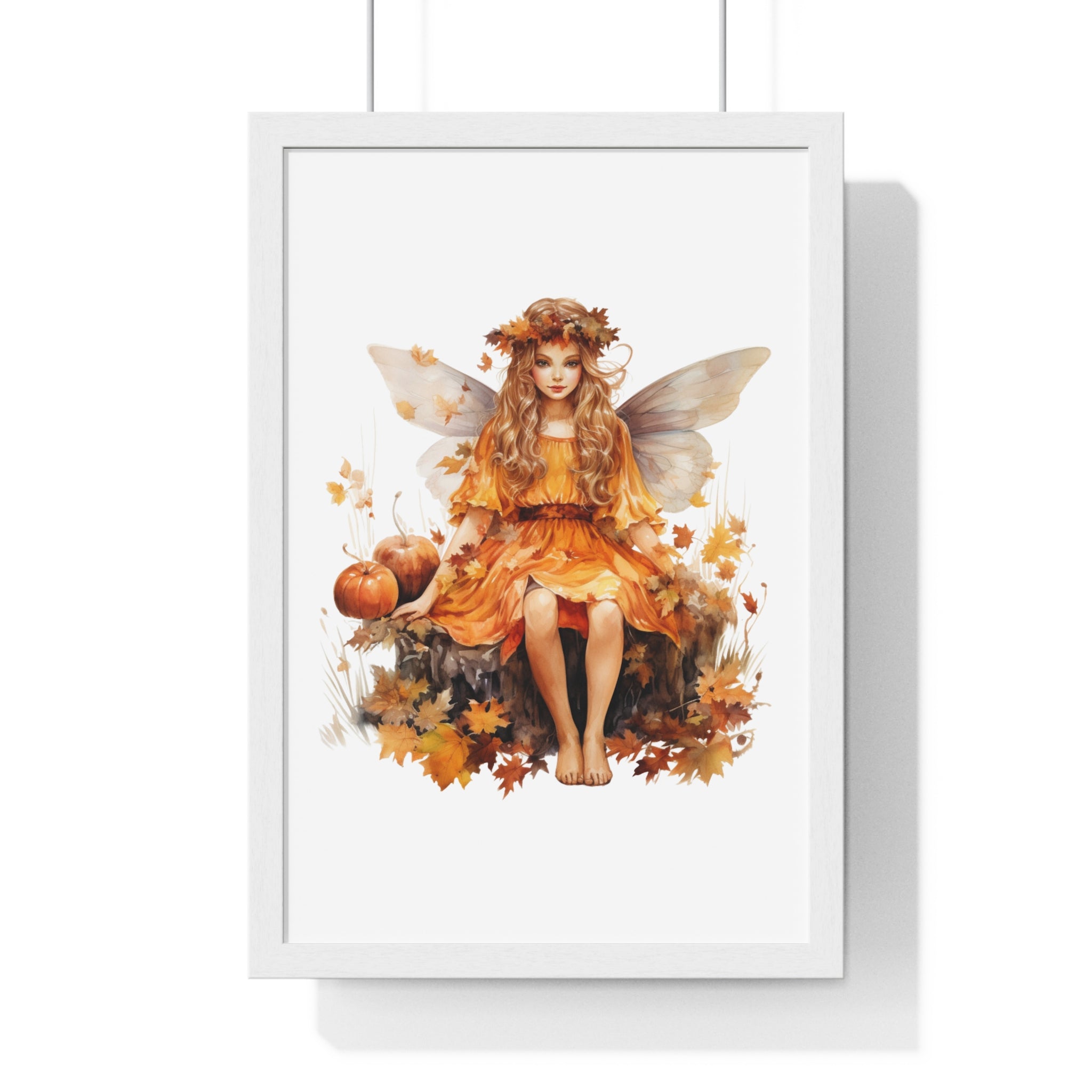 Fall Fairy Wall Art – Orange Dress Woodland Fairy with Pumpkins | Wooden Frame Poster for Autumn Home Decor