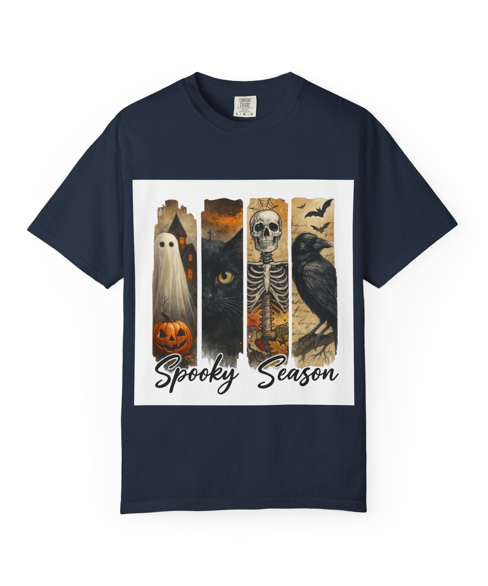 Spooky Season Gothic Halloween T-Shirt – Ghost, Black Cat, Skeleton & Raven Design - Gallory Hive