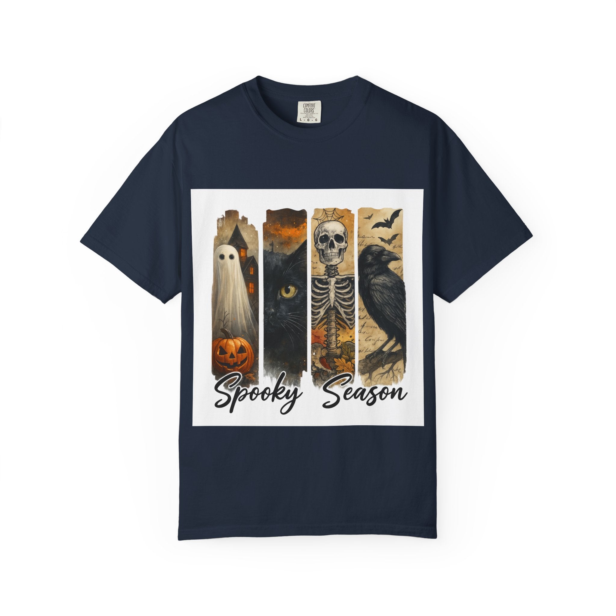 Spooky Season Gothic Halloween T-Shirt – Ghost, Black Cat, Skeleton & Raven Design