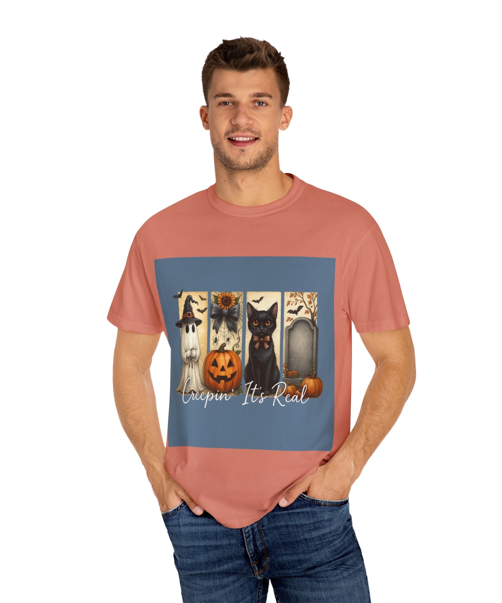 Creepin’ It’s Real Halloween T-Shirt – Cute Ghost, Pumpkin, Black Cat & Tombstone Design - Gallory Hive