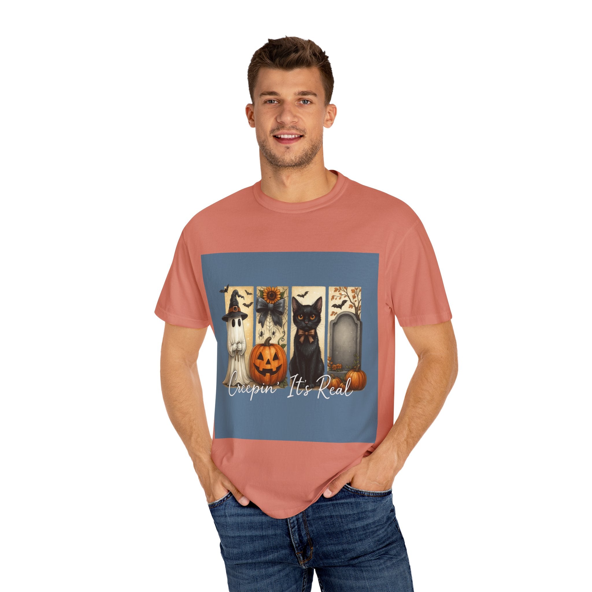 Creepin’ It’s Real Halloween T-Shirt – Cute Ghost, Pumpkin, Black Cat & Tombstone Design