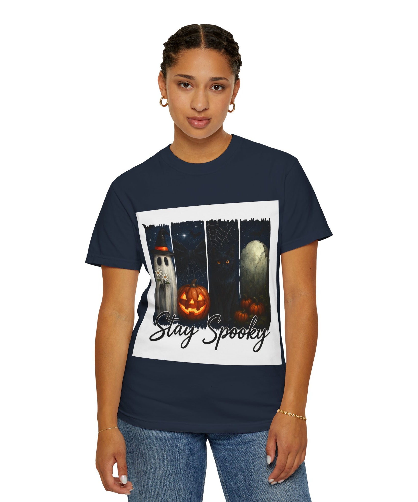 Stay Spooky Halloween T-Shirt – Cute Ghost, Black Cat, Pumpkin & Graveyard Design - Gallory Hive