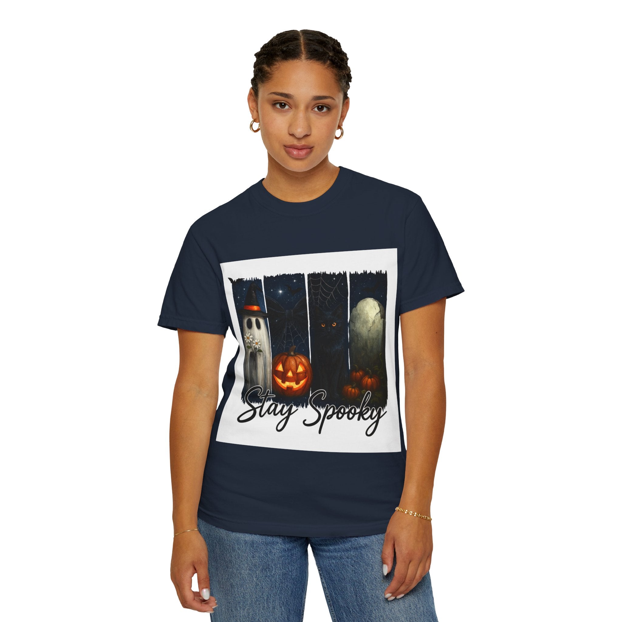 Stay Spooky Halloween T-Shirt – Cute Ghost, Black Cat, Pumpkin & Graveyard Design