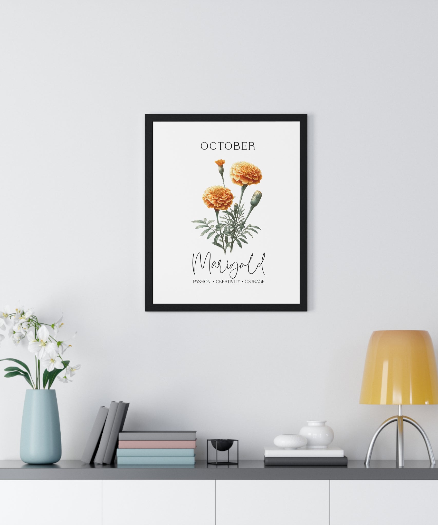October Birth Month Flower Wall Art – Marigold Illustration in Wooden Frame | Passion, Creativity & Courage