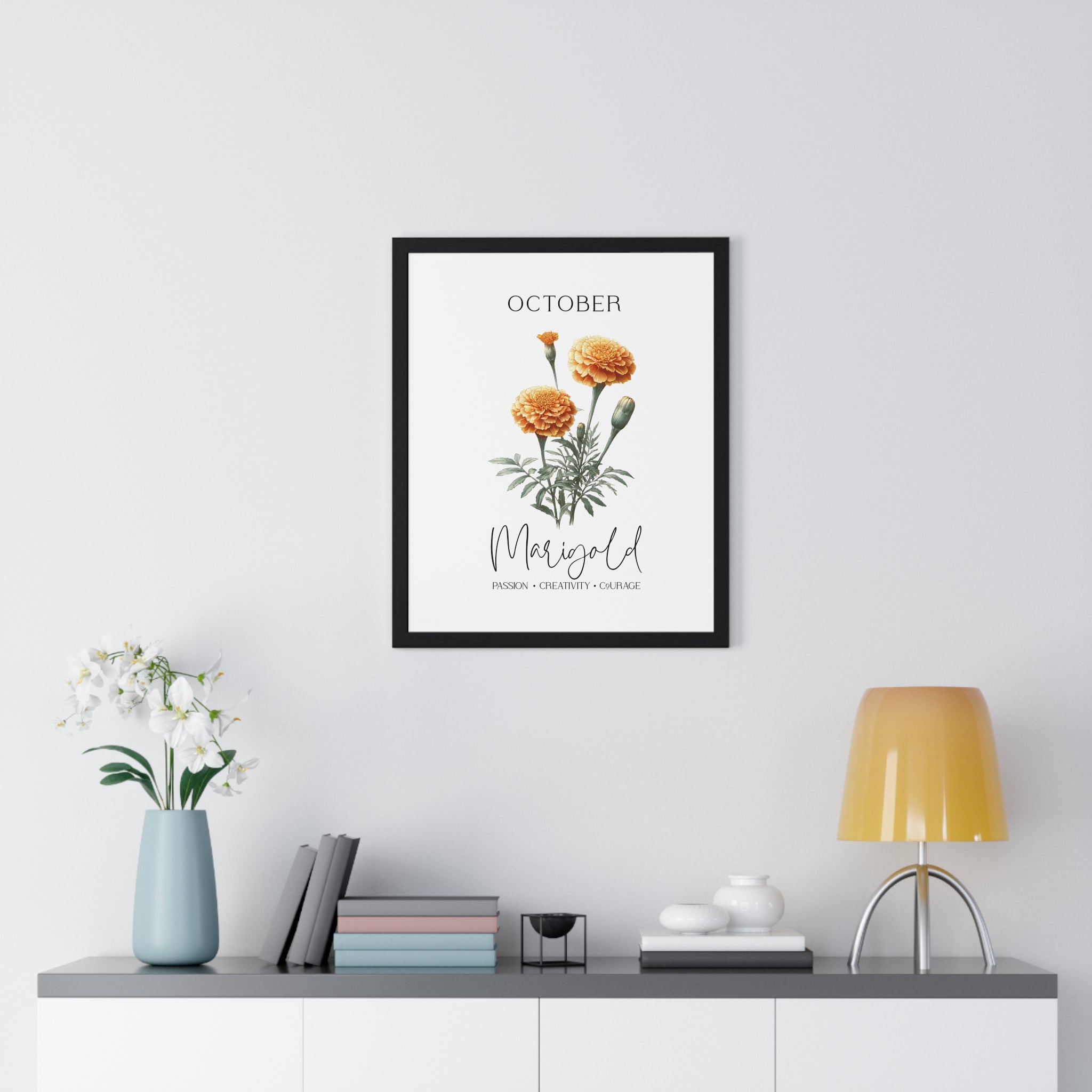 October Birth Month Flower Wall Art – Marigold Illustration in Wooden Frame | Passion, Creativity & Courage