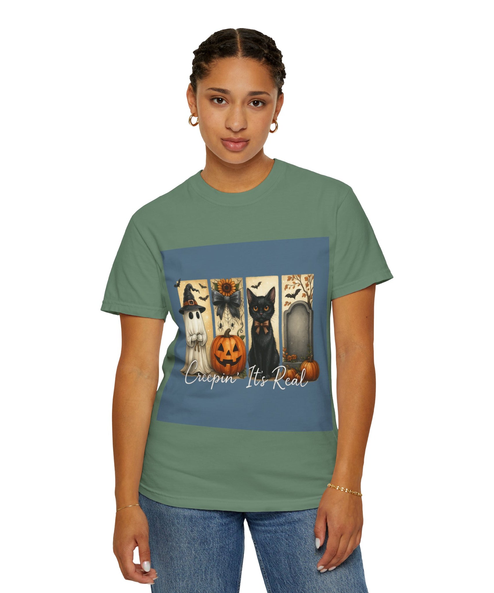 Creepin’ It’s Real Halloween T-Shirt – Cute Ghost, Pumpkin, Black Cat & Tombstone Design - Gallory Hive