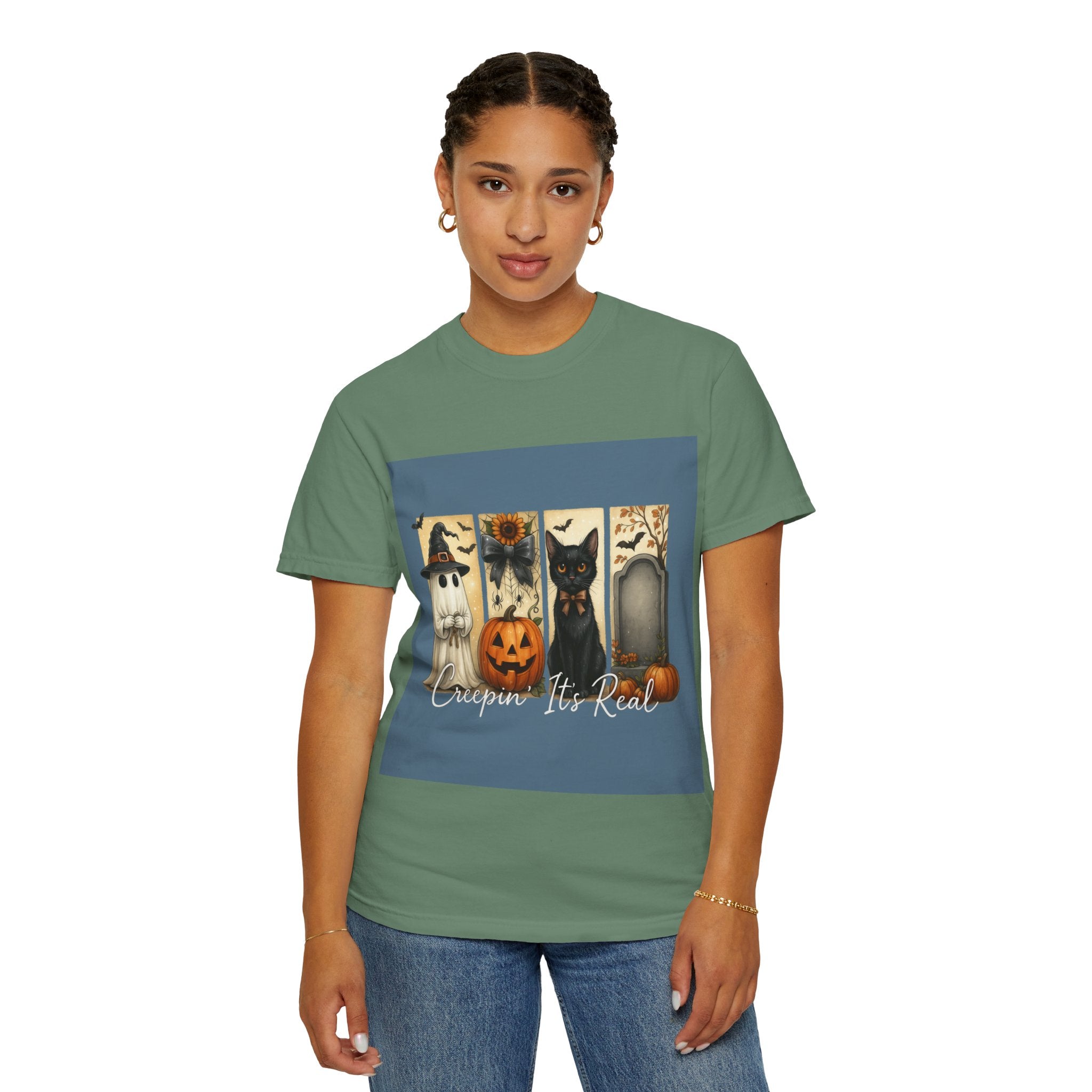 Creepin’ It’s Real Halloween T-Shirt – Cute Ghost, Pumpkin, Black Cat & Tombstone Design