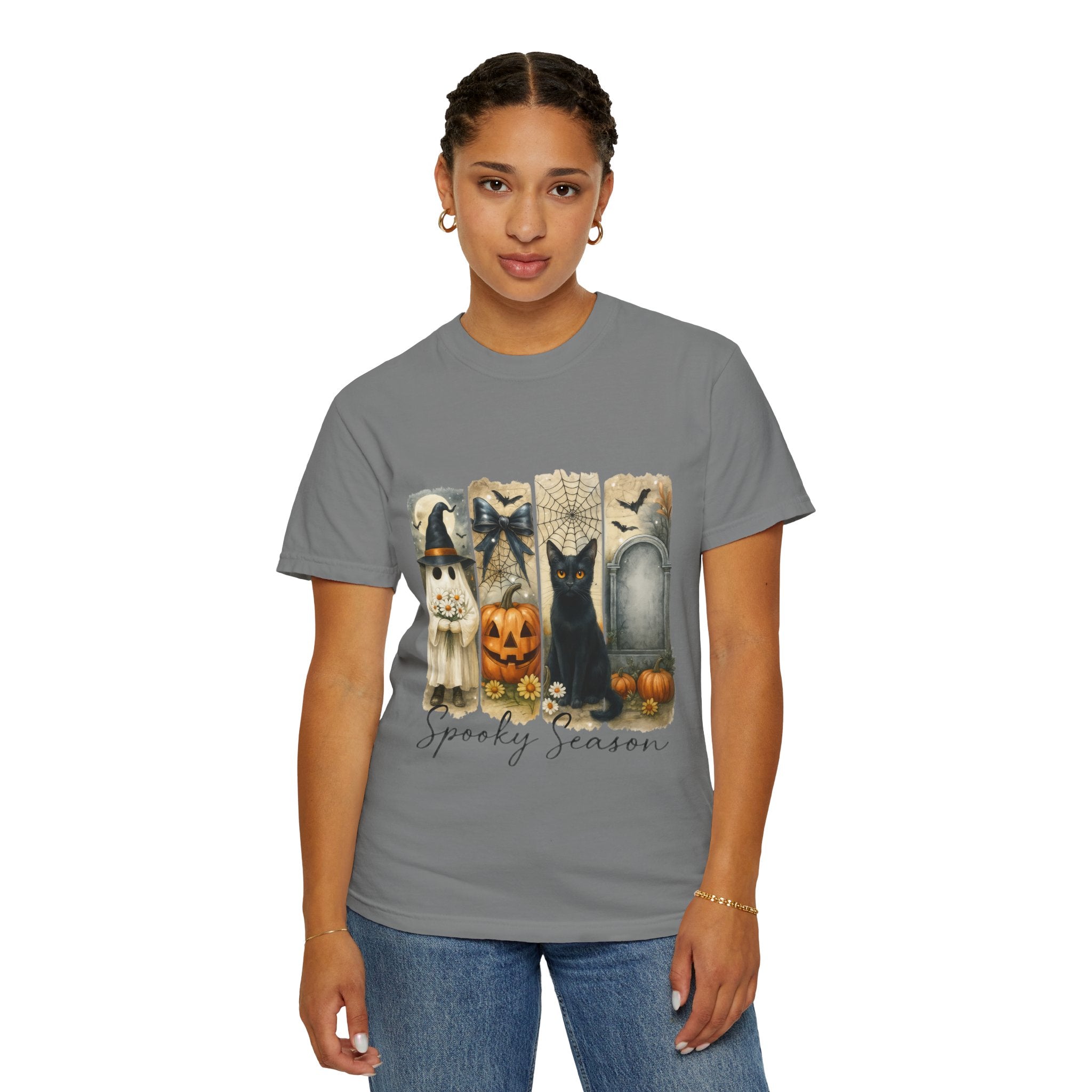 Spooky Season Halloween Unisex T-Shirt – Ghost, Black Cat & Pumpkin Design