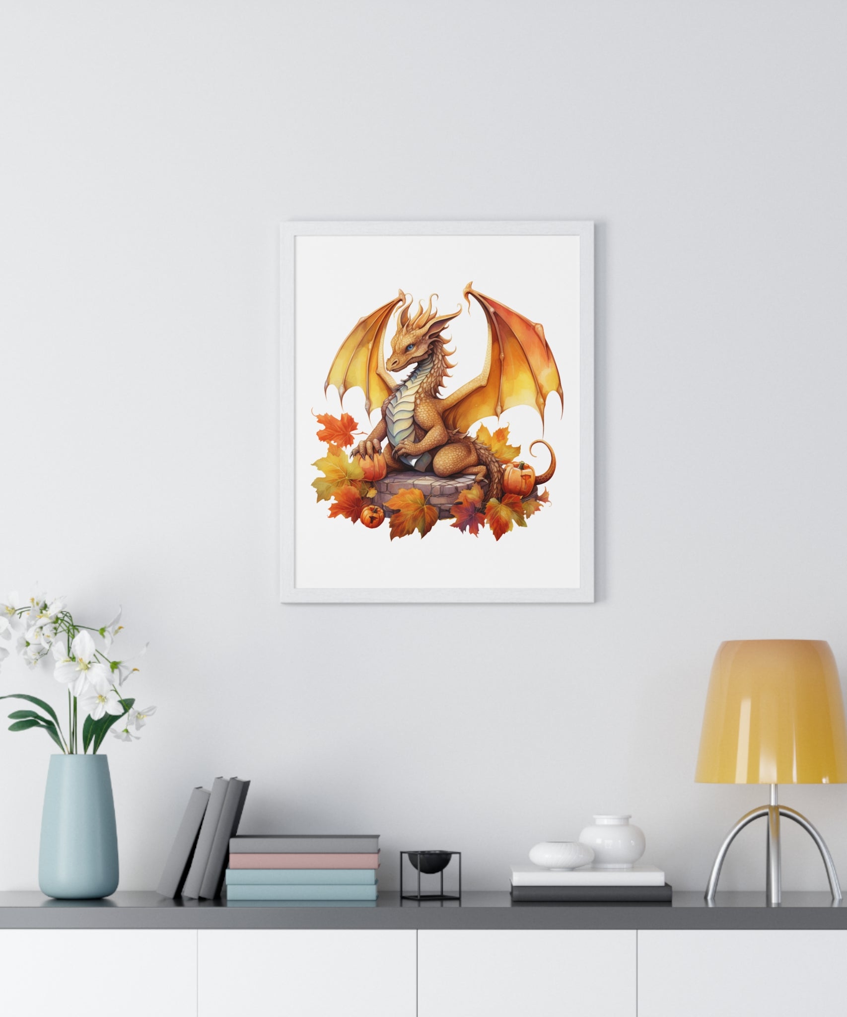 Autumn Dragon Wall Art – Fantasy Fall Decor with Pumpkins